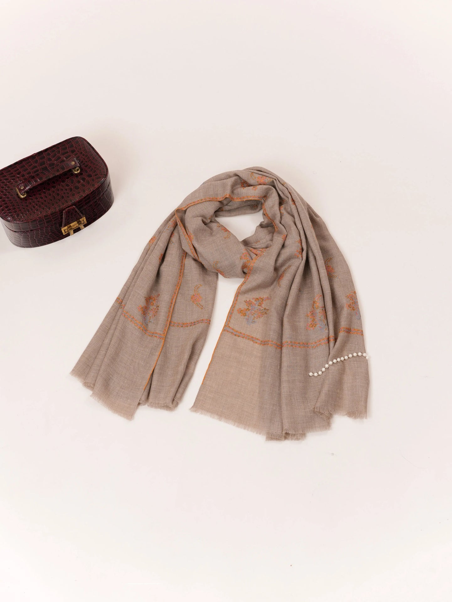 Natural Taupe Baby Soft Pashmina Shawl with Sozni Buteh Embroidery Shahkaar.com