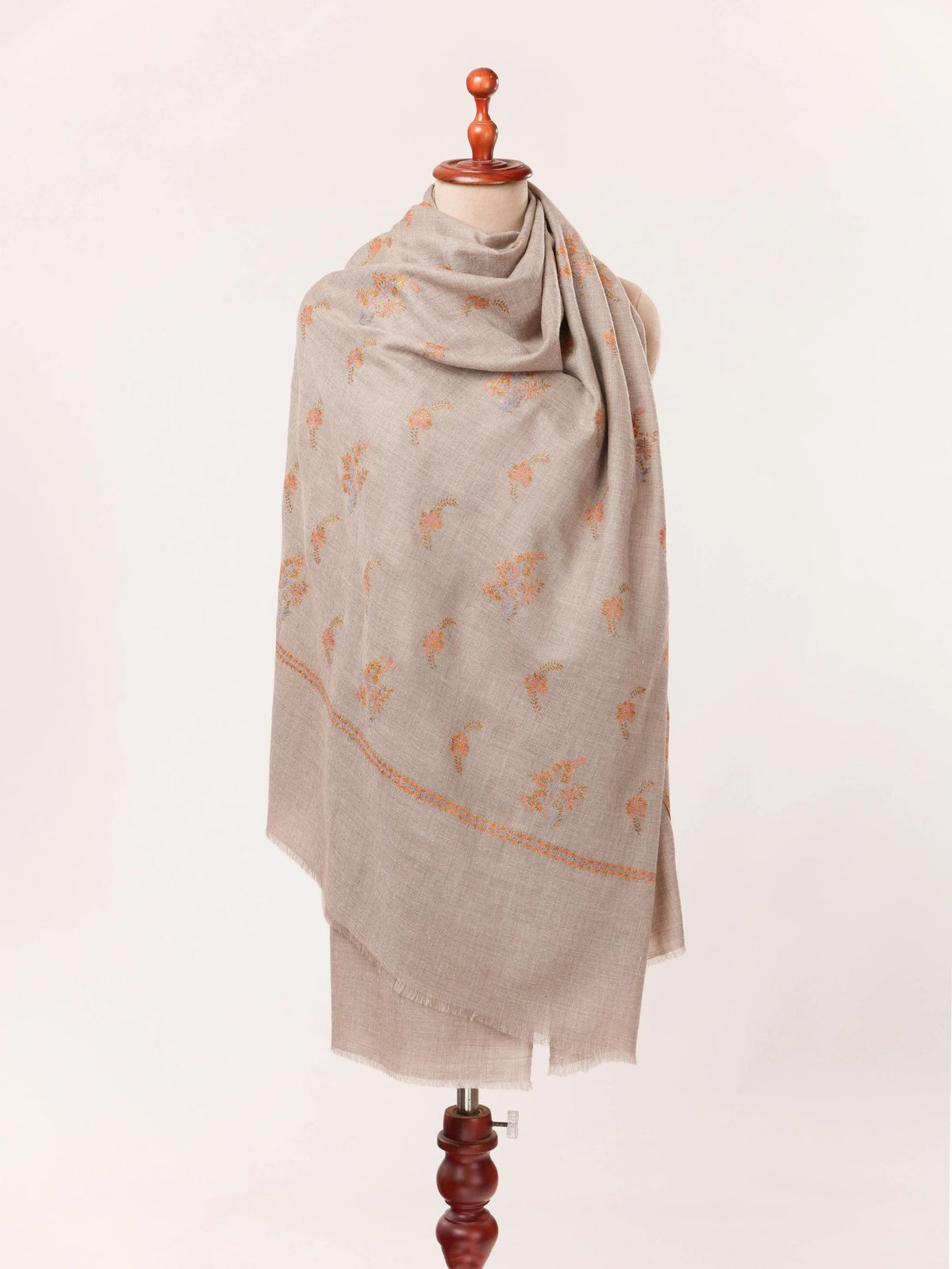 Natural Taupe Baby Soft Pashmina Shawl with Sozni Buteh Embroidery Shahkaar.com