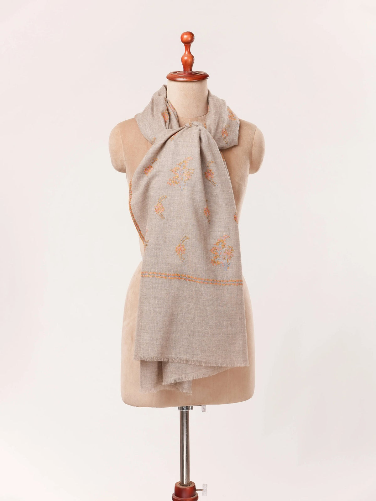 Natural Taupe Baby Soft Pashmina Shawl with Sozni Buteh Embroidery Shahkaar.com