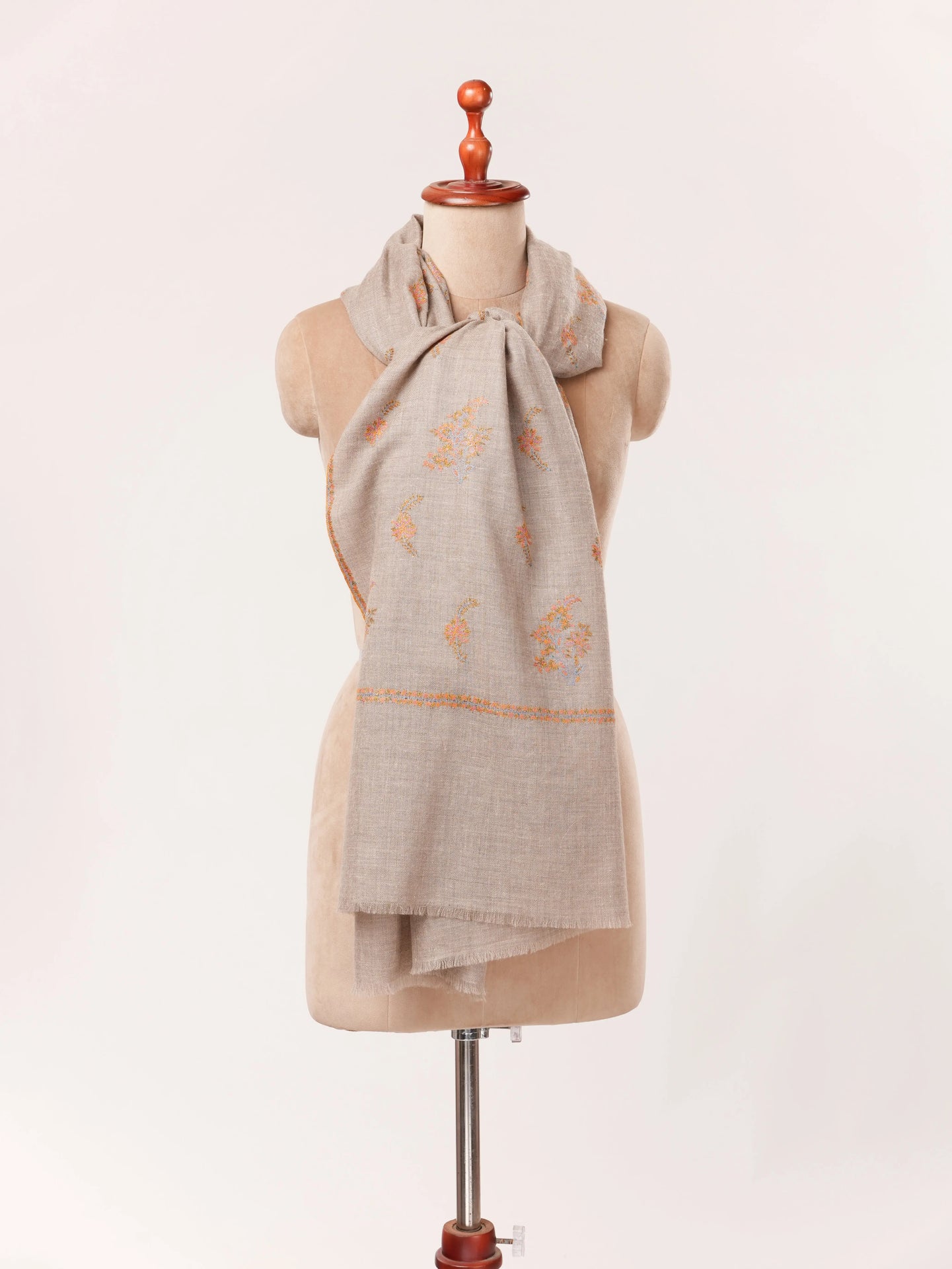 Natural Taupe Baby Soft Pashmina Shawl with Sozni Buteh Embroidery Shahkaar.com