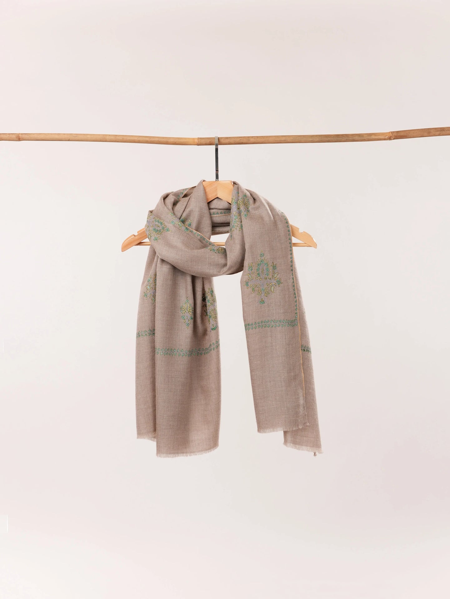 Kashmiri Baildar Buteh Sozni Embroidered Taupe Handwoven Pashmina Shawl Shahkaar.com