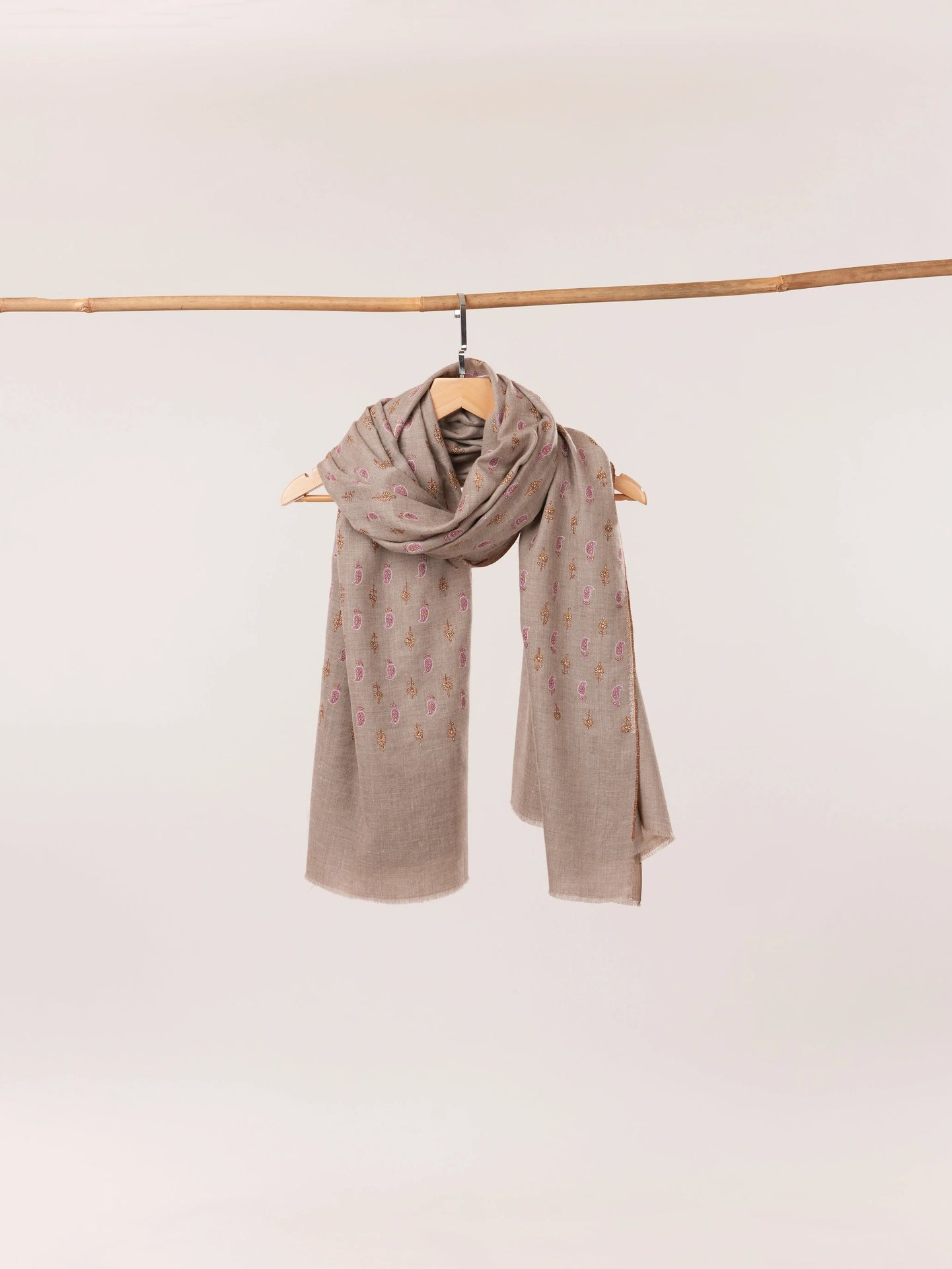 Paisley Floral Buteh Sozni Work Shawl in Beige Taupe Pure Pashmina from Kashmir Shahkaar.com