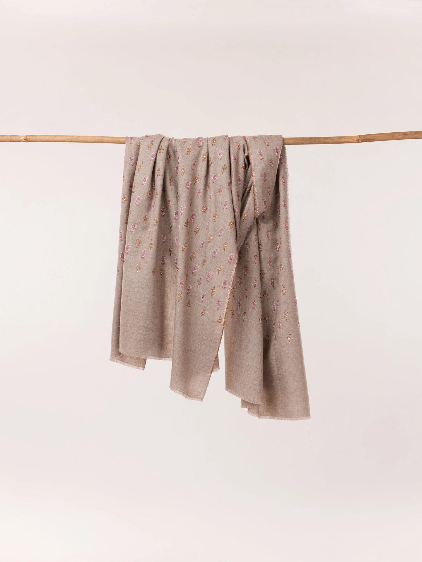 Paisley Floral Buteh Sozni Work Shawl in Beige Taupe Pure Pashmina from Kashmir Shahkaar.com