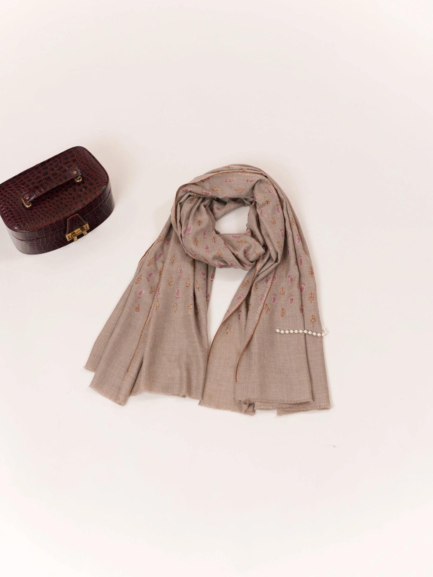 Paisley Floral Buteh Sozni Work Shawl in Beige Taupe Pure Pashmina from Kashmir Shahkaar.com