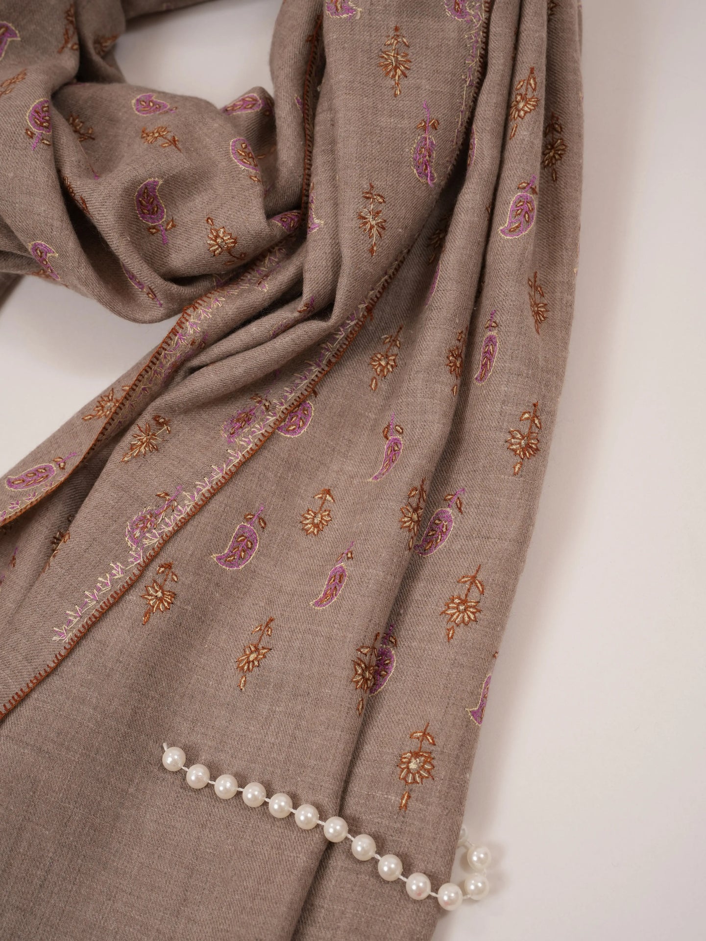 Paisley Floral Buteh Sozni Work Shawl in Beige Taupe Pure Pashmina from Kashmir Shahkaar.com