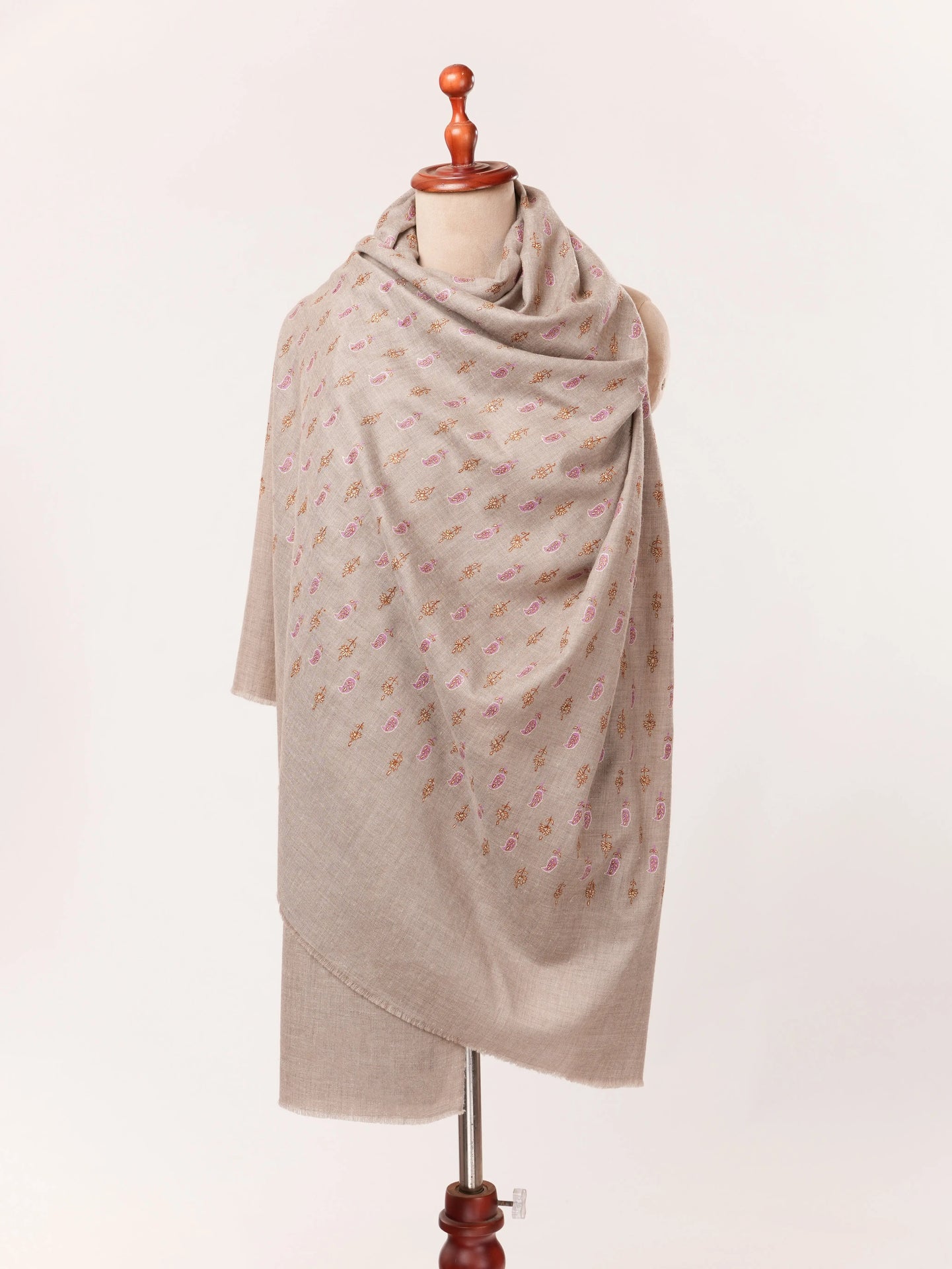 Paisley Floral Buteh Sozni Work Shawl in Beige Taupe Pure Pashmina from Kashmir Shahkaar.com