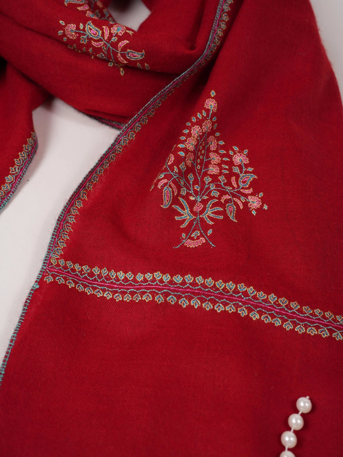 Red Handwoven Pure  Pashmina Shawl with Buteh Hand Embroidery