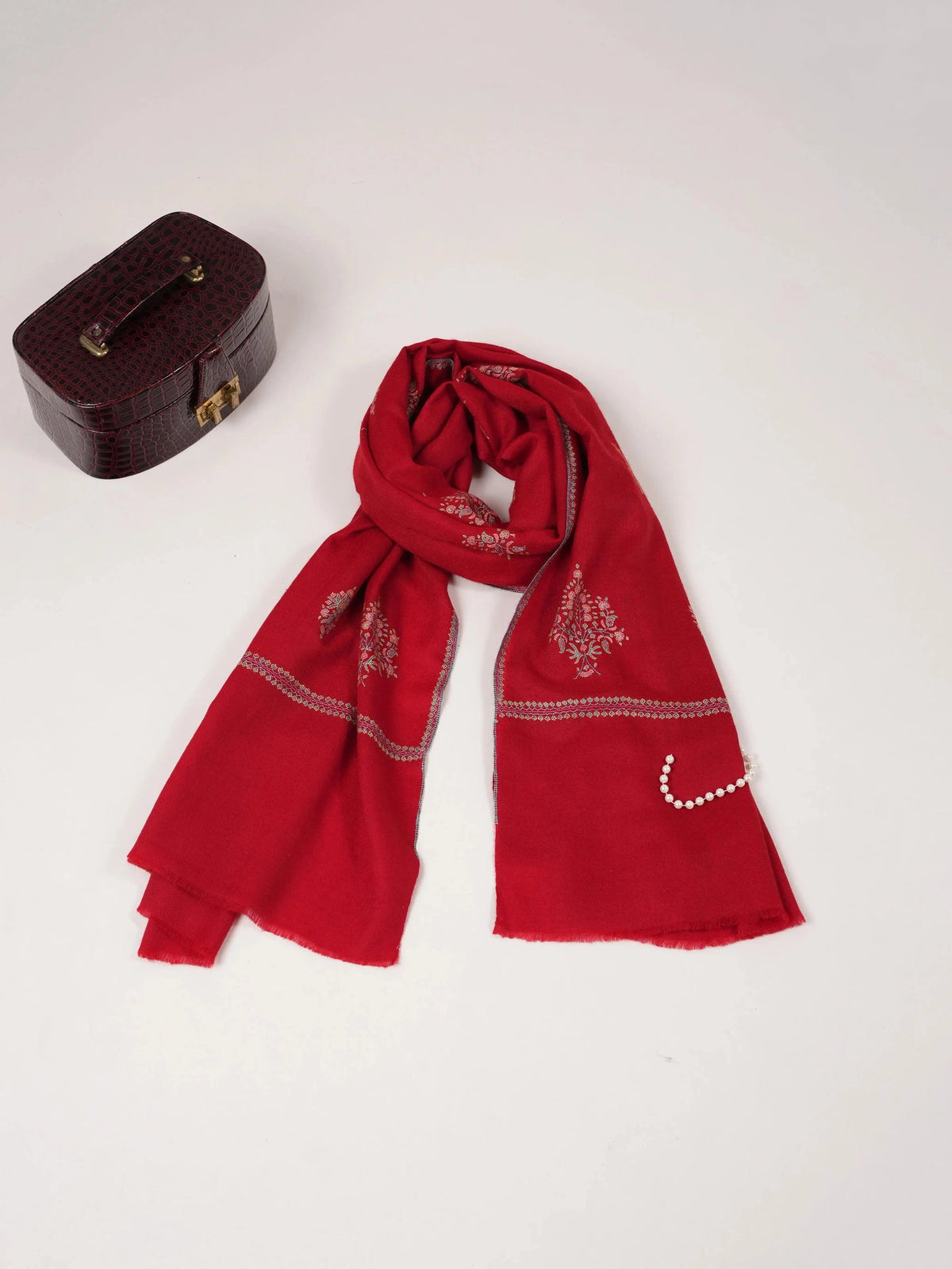 Red Handwoven Pure  Pashmina Shawl with Buteh Hand Embroidery