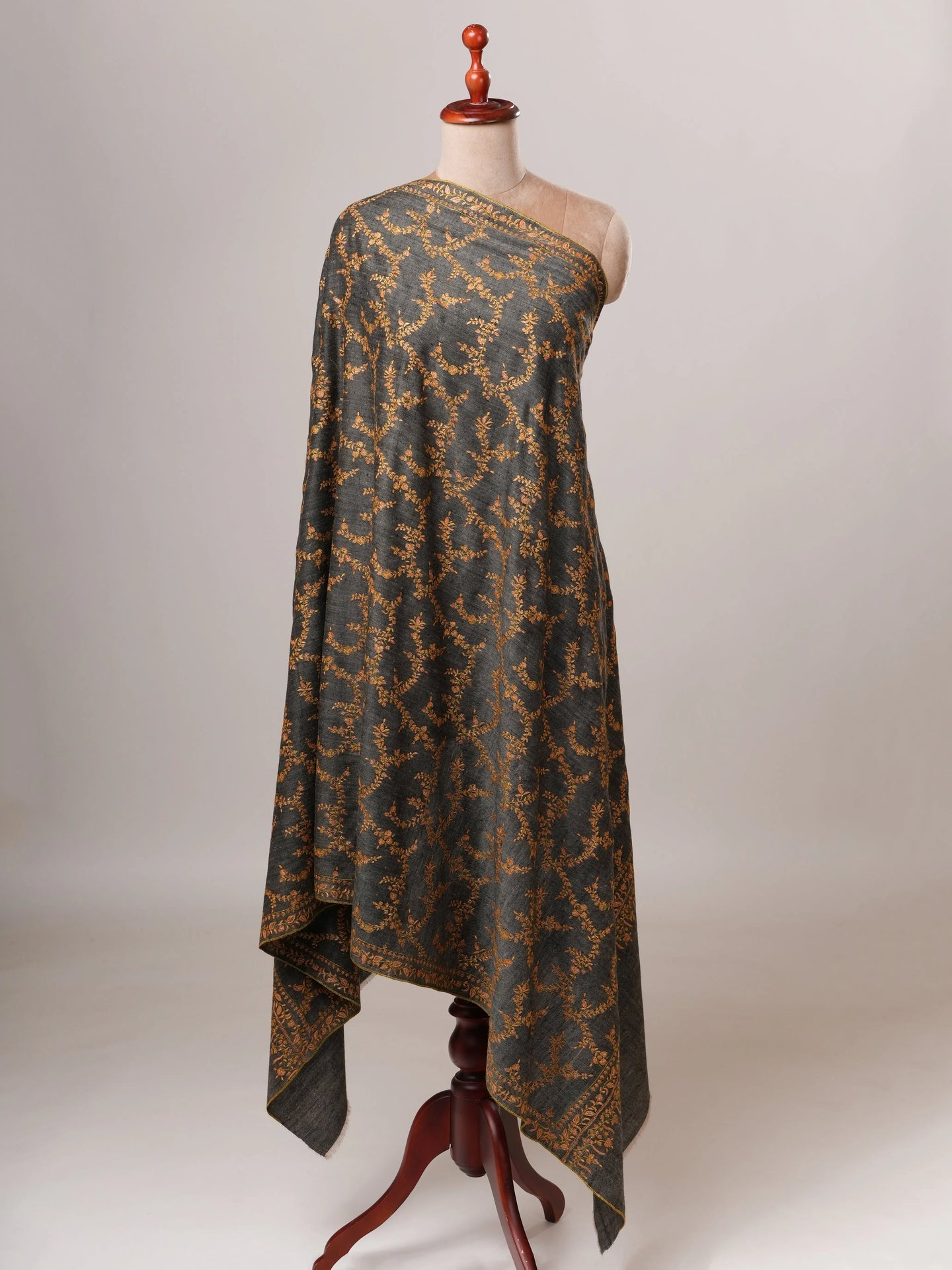 Carbon Black Pashmina Shawl with All Over Gold Hand Embroidery Shahkaar Global