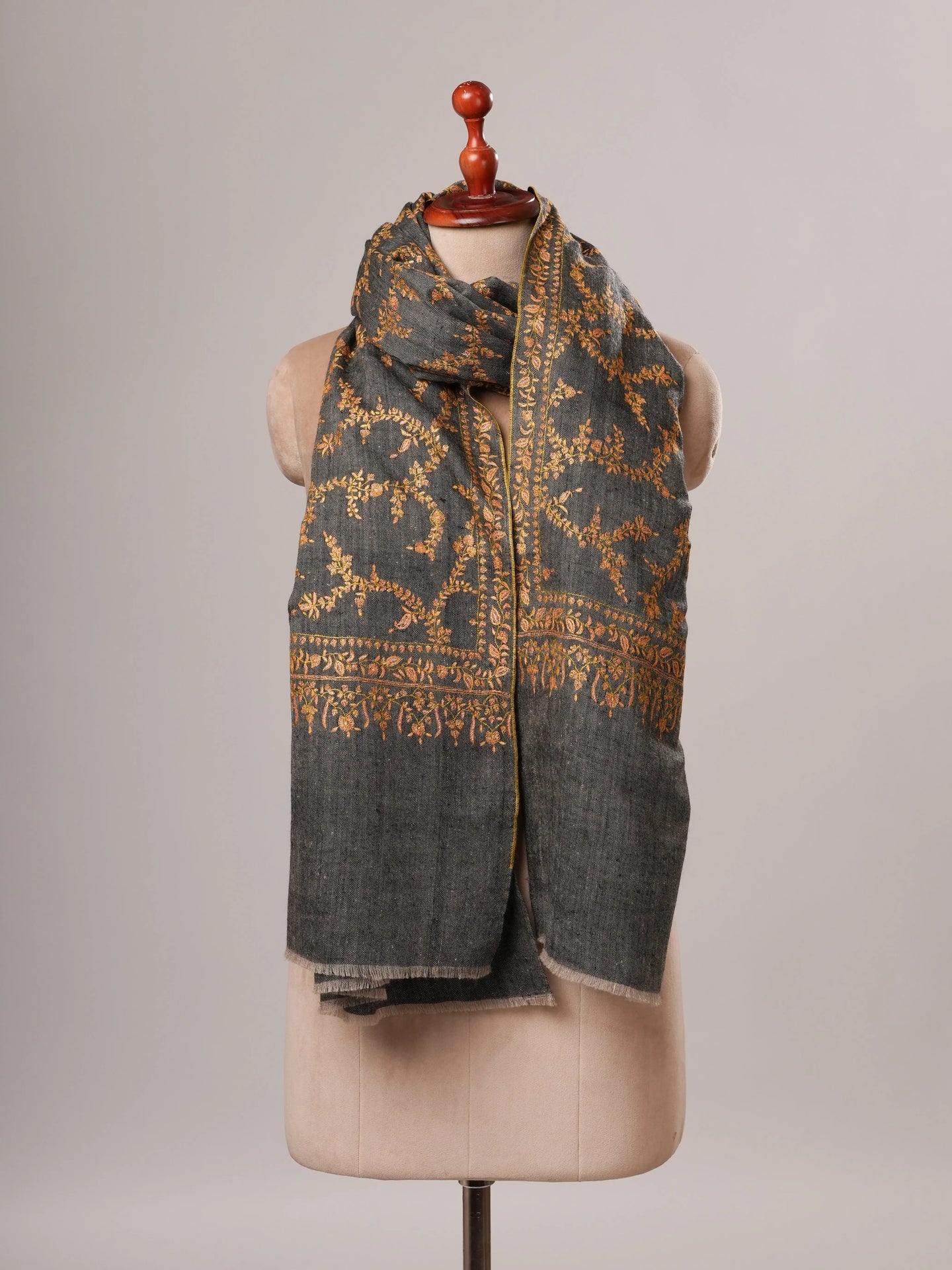 Carbon Black Pashmina Shawl with All Over Gold Hand Embroidery Shahkaar Global