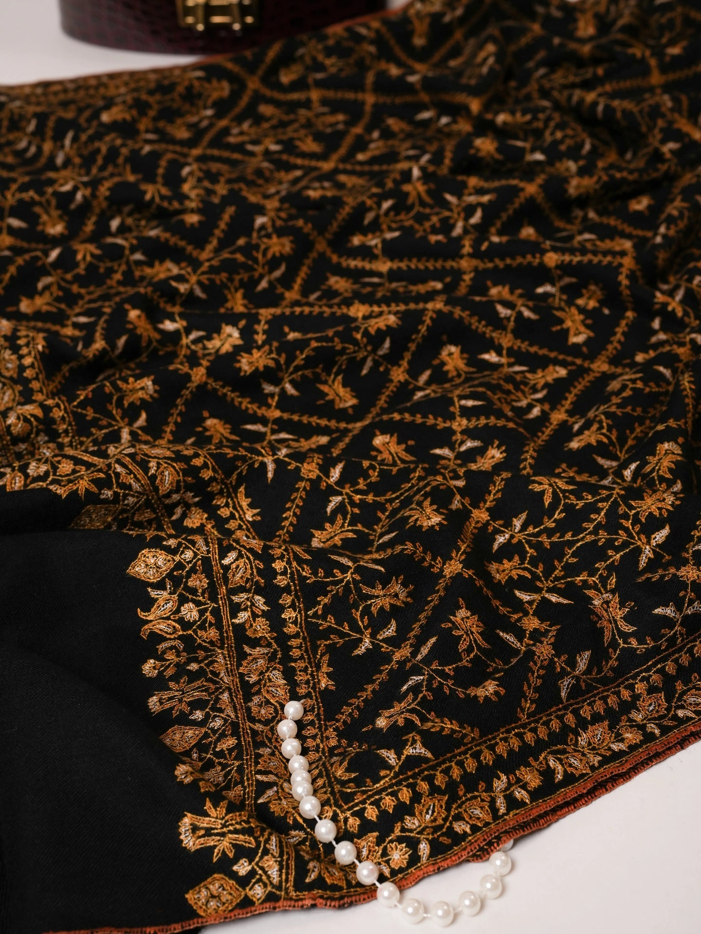 Black Pure Pashmina Shawl with Gold Hand Embroidery Shahkaar Global