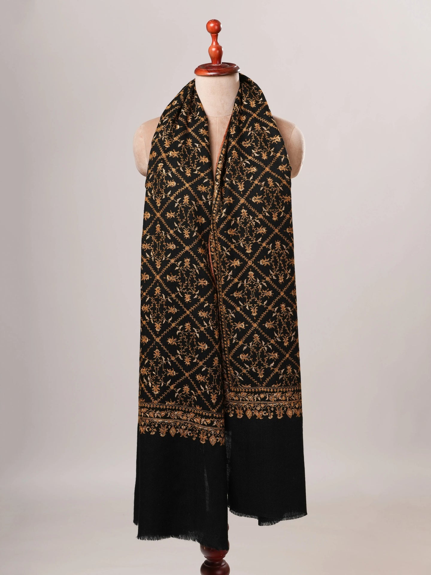 Black Pure Pashmina Shawl with Gold Hand Embroidery Shahkaar Global