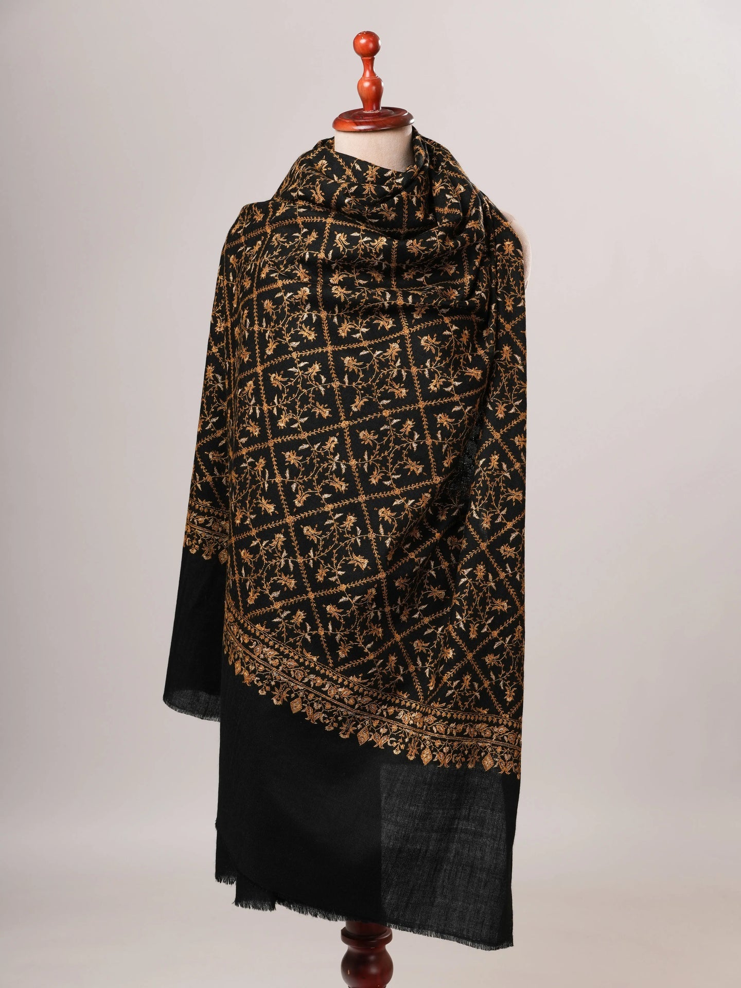 Black Pure Pashmina Shawl with Gold Hand Embroidery Shahkaar Global
