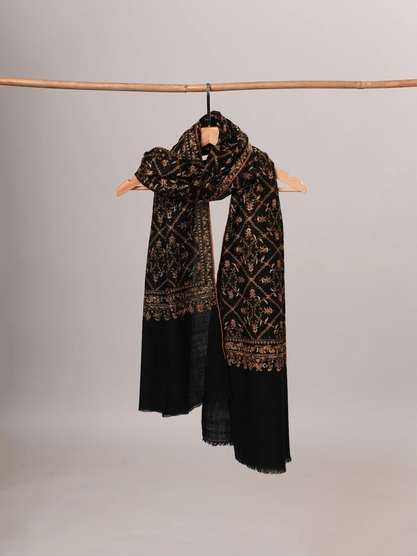 Black Pure Pashmina Shawl with Gold Hand Embroidery Shahkaar Global