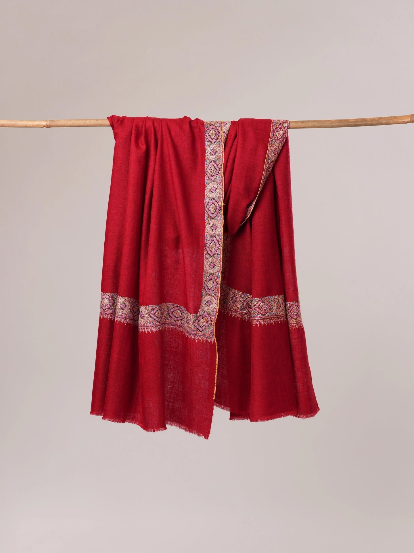 Red Neemdaur Hand Embroidered Cashmere Scarf Shahkaar.com