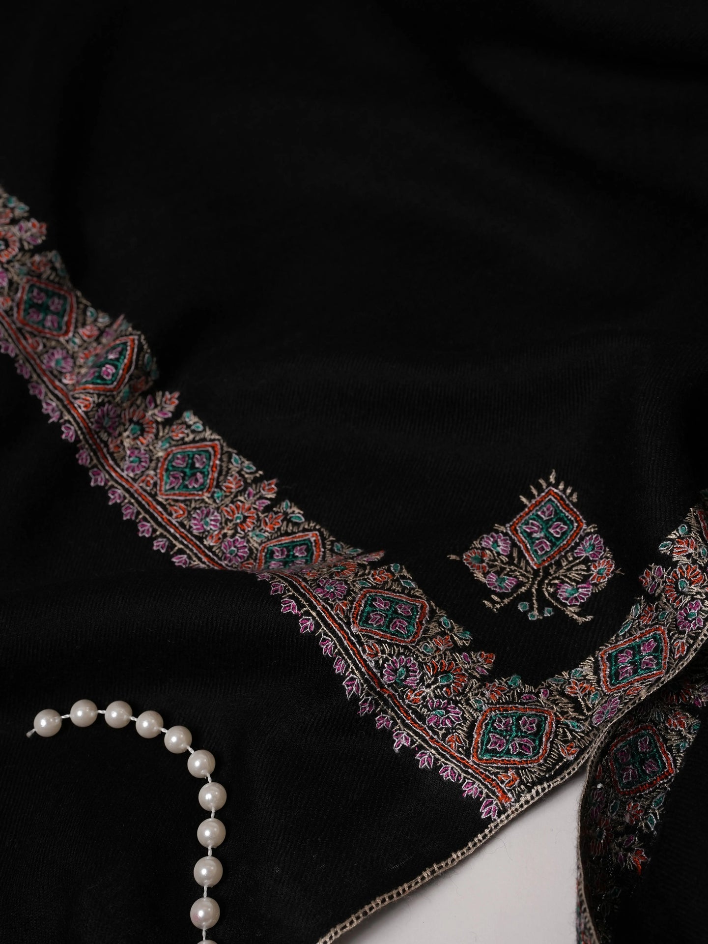Black Soft Pashmina Shawl with Hashia Sozni Hand Embroidery Shahkaar.com