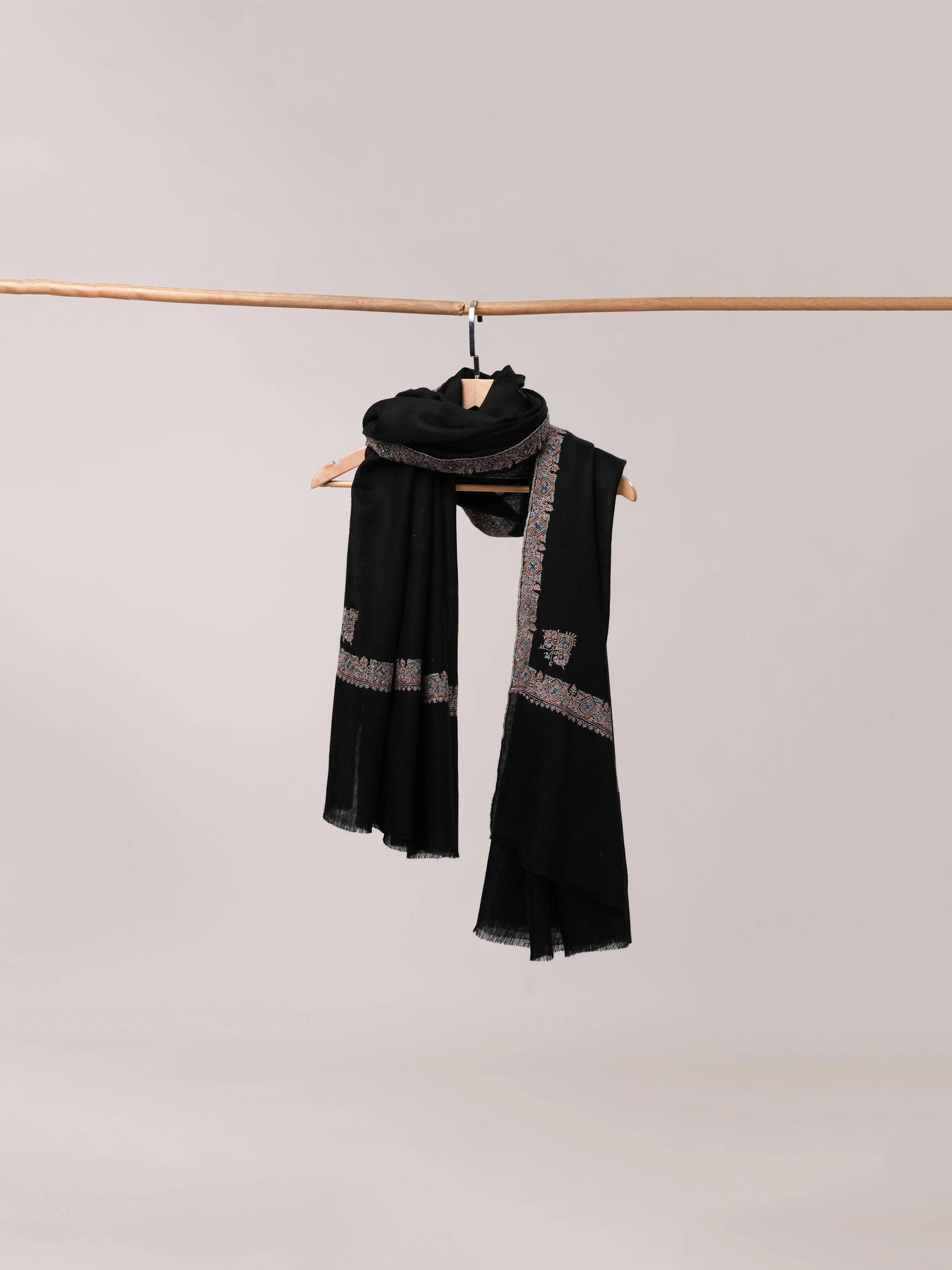 Black Soft Pashmina Shawl with Hashia Sozni Hand Embroidery Shahkaar.com