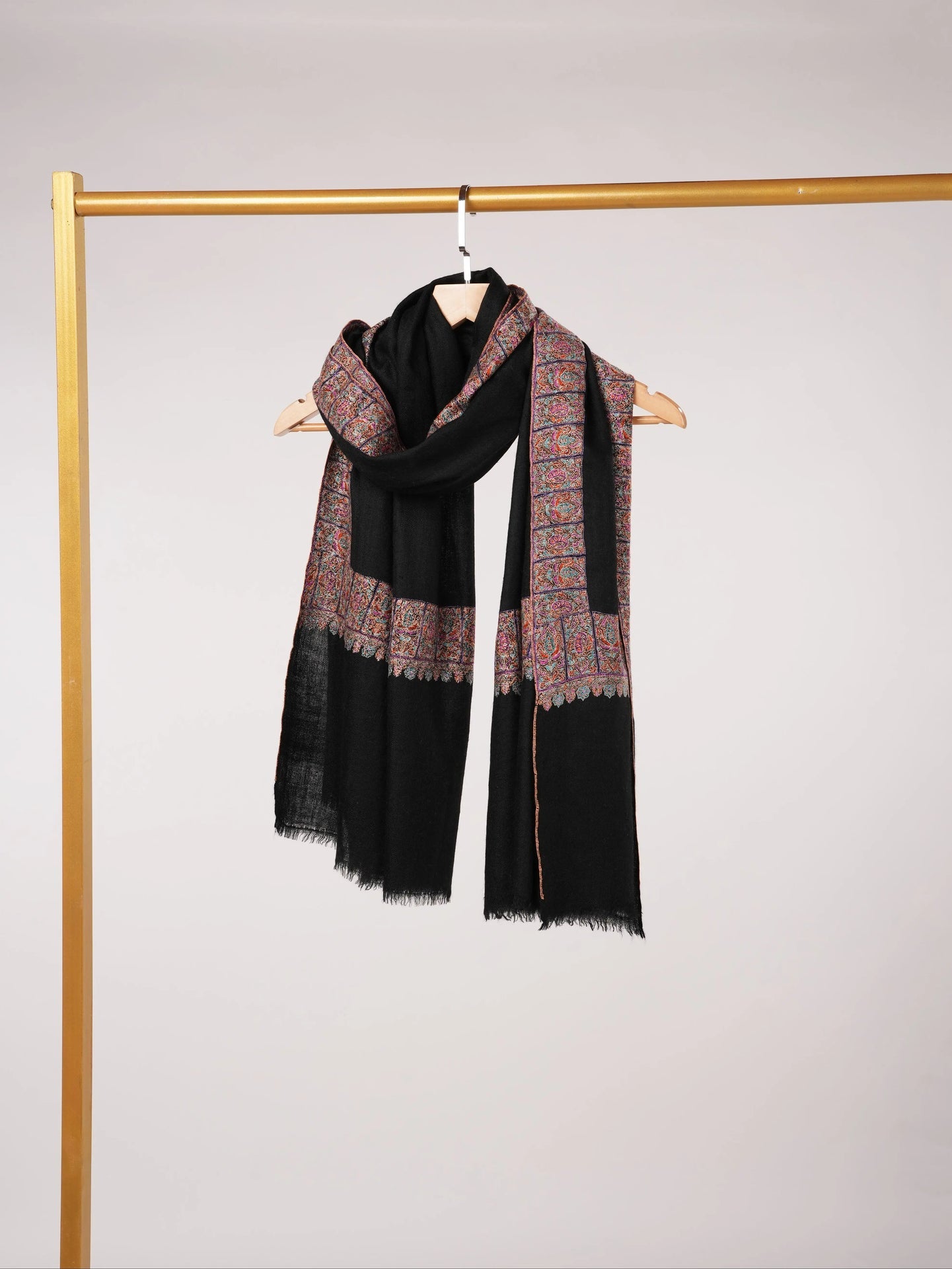 HandSpun Handwoven Neemdaur Black Pashmina Shawl with Kashmiri Hand Embroidery Shahkaar.com