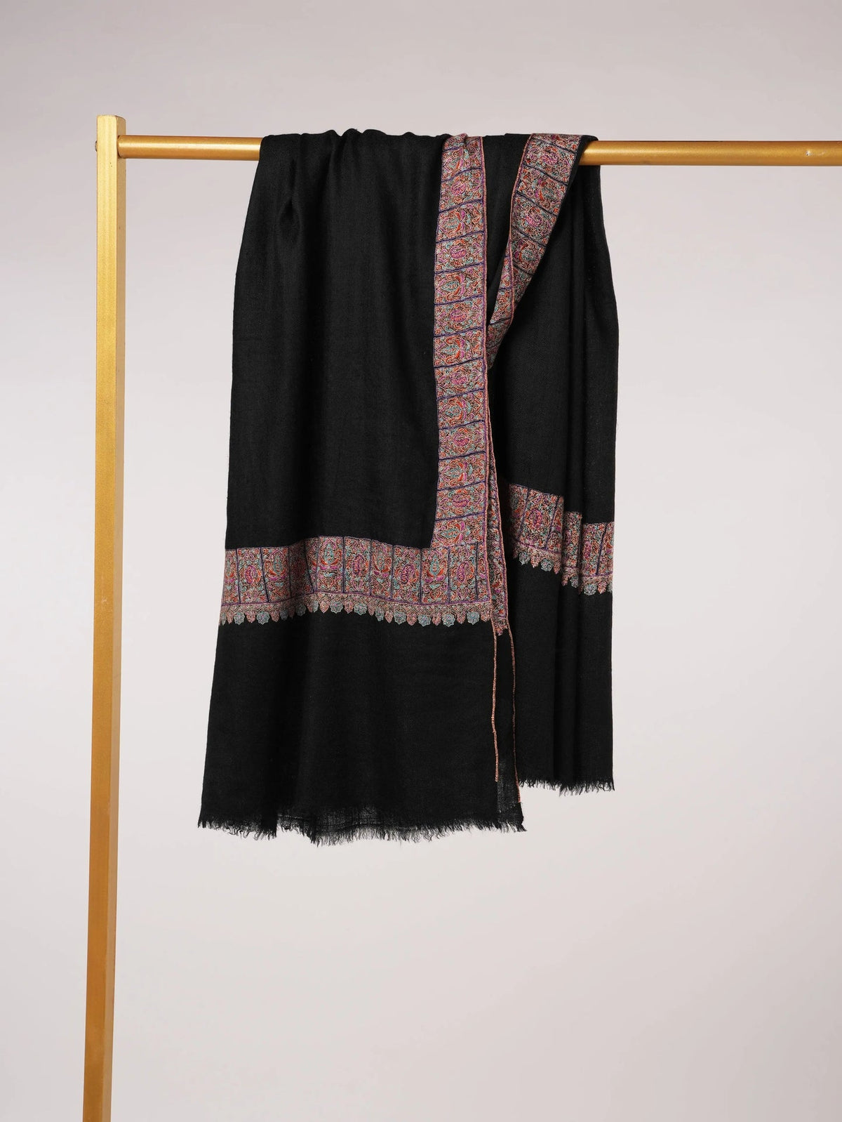 HandSpun Handwoven Neemdaur Black Pashmina Shawl with Kashmiri Hand Embroidery Shahkaar.com
