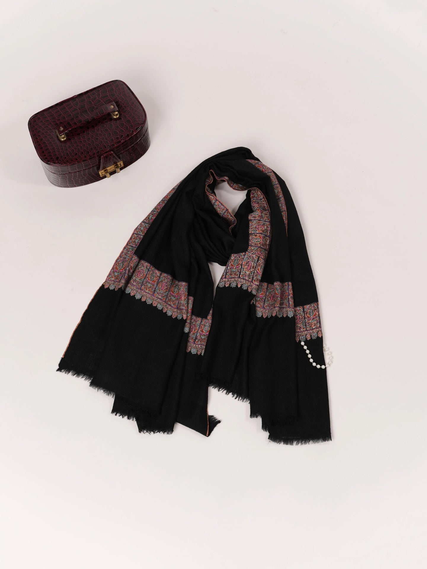 HandSpun Handwoven Neemdaur Black Pashmina Shawl with Kashmiri Hand Embroidery Shahkaar.com
