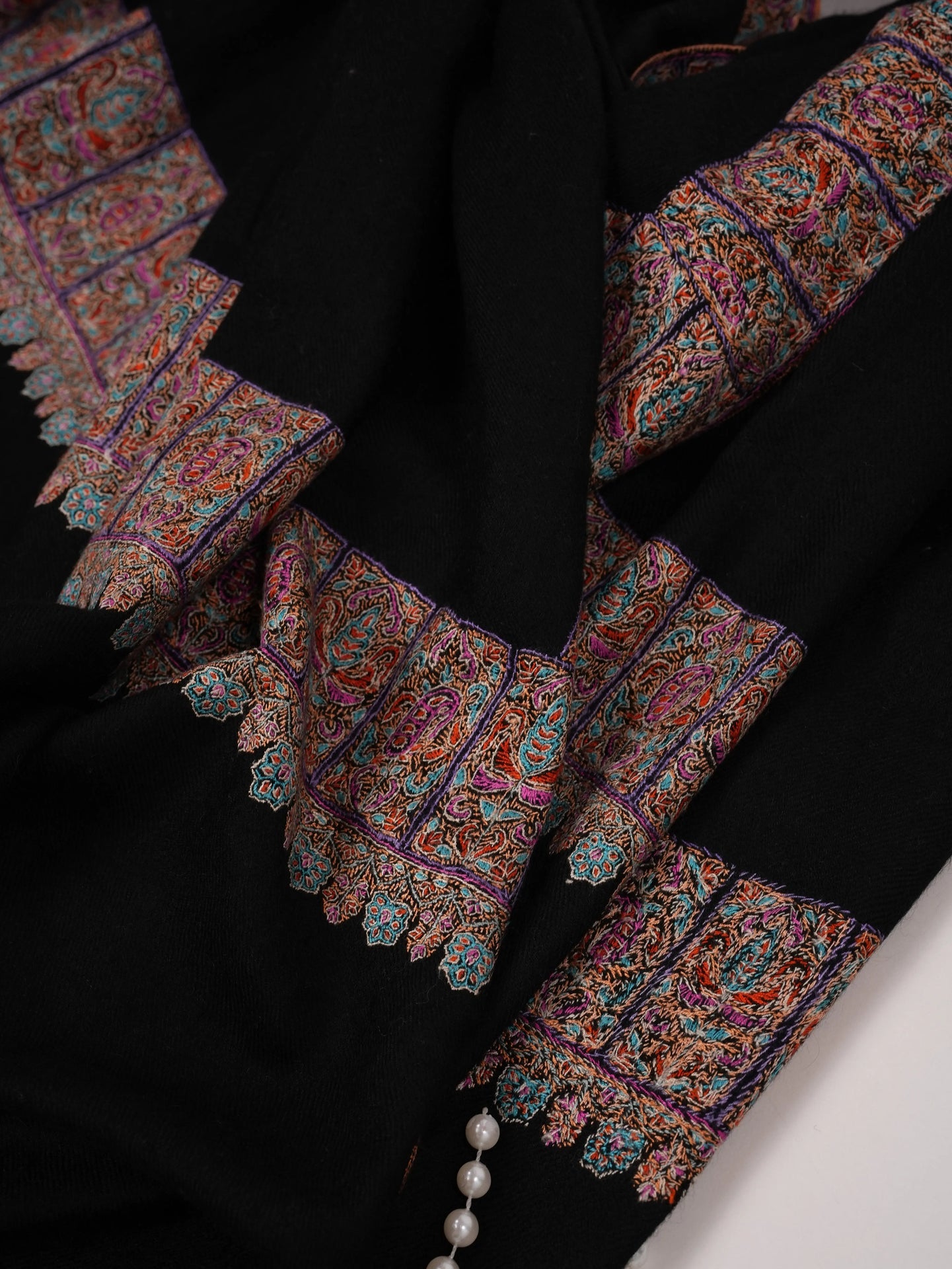 HandSpun Handwoven Neemdaur Black Pashmina Shawl with Kashmiri Hand Embroidery Shahkaar.com