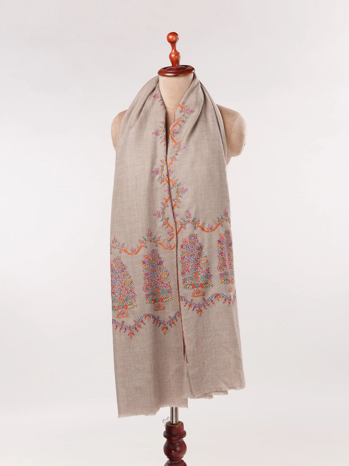 Natural Taupe Palldar Pashmina Handwoven Shawl with Delicate Sozni Embroidery Shahkaar.com