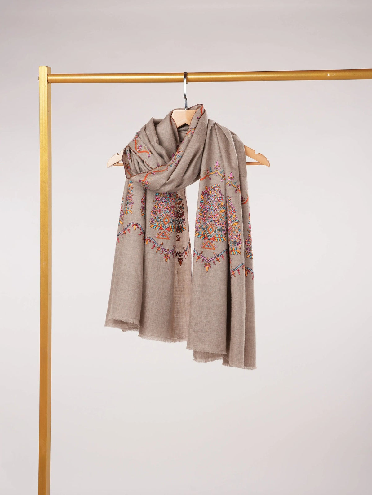 Natural Taupe Palldar Pashmina Handwoven Shawl with Delicate Sozni Embroidery Shahkaar.com