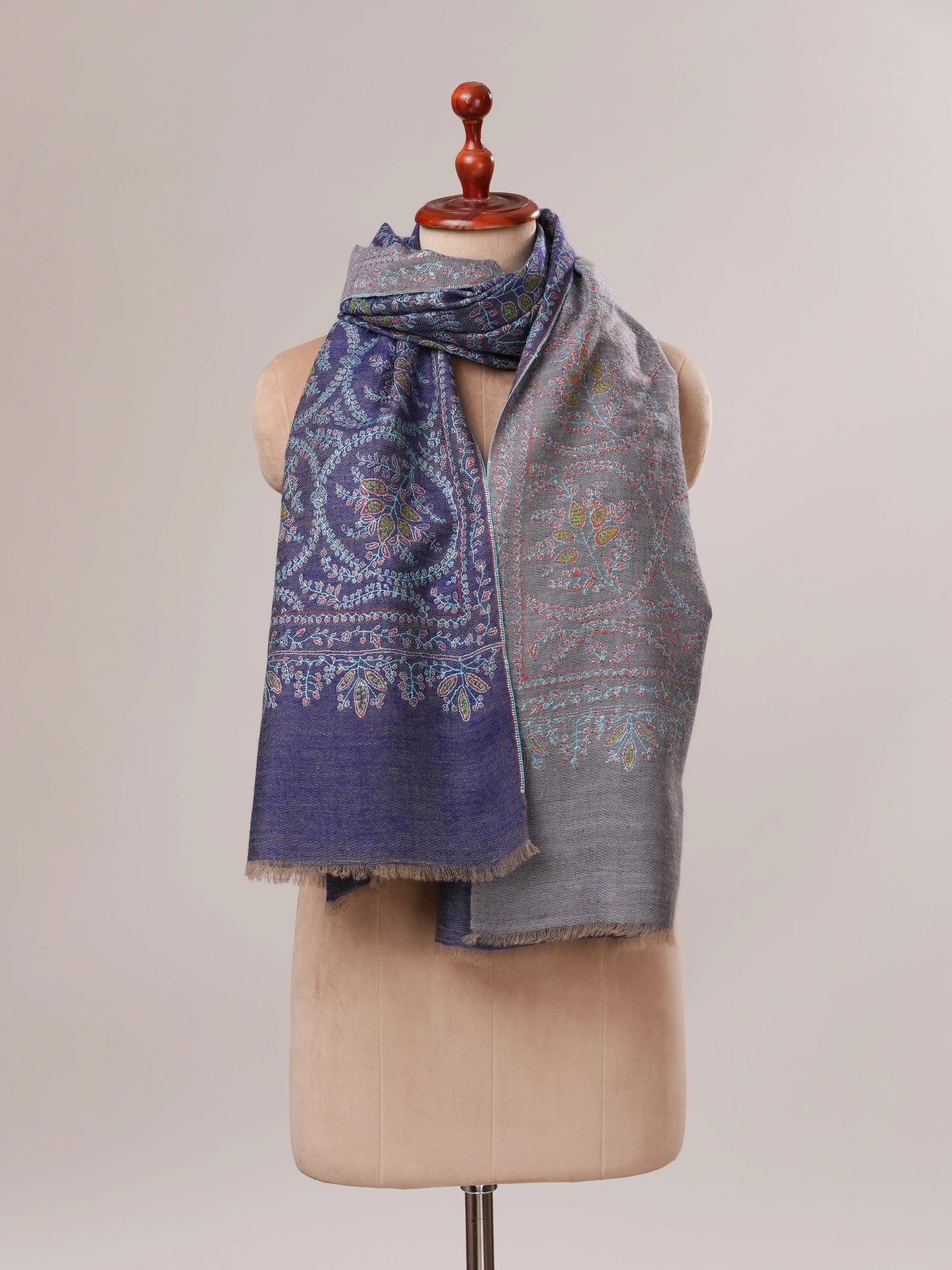 Blue Dual Tone Cashmere Scarf with Jali Hand Embroidery Shahkaar.com