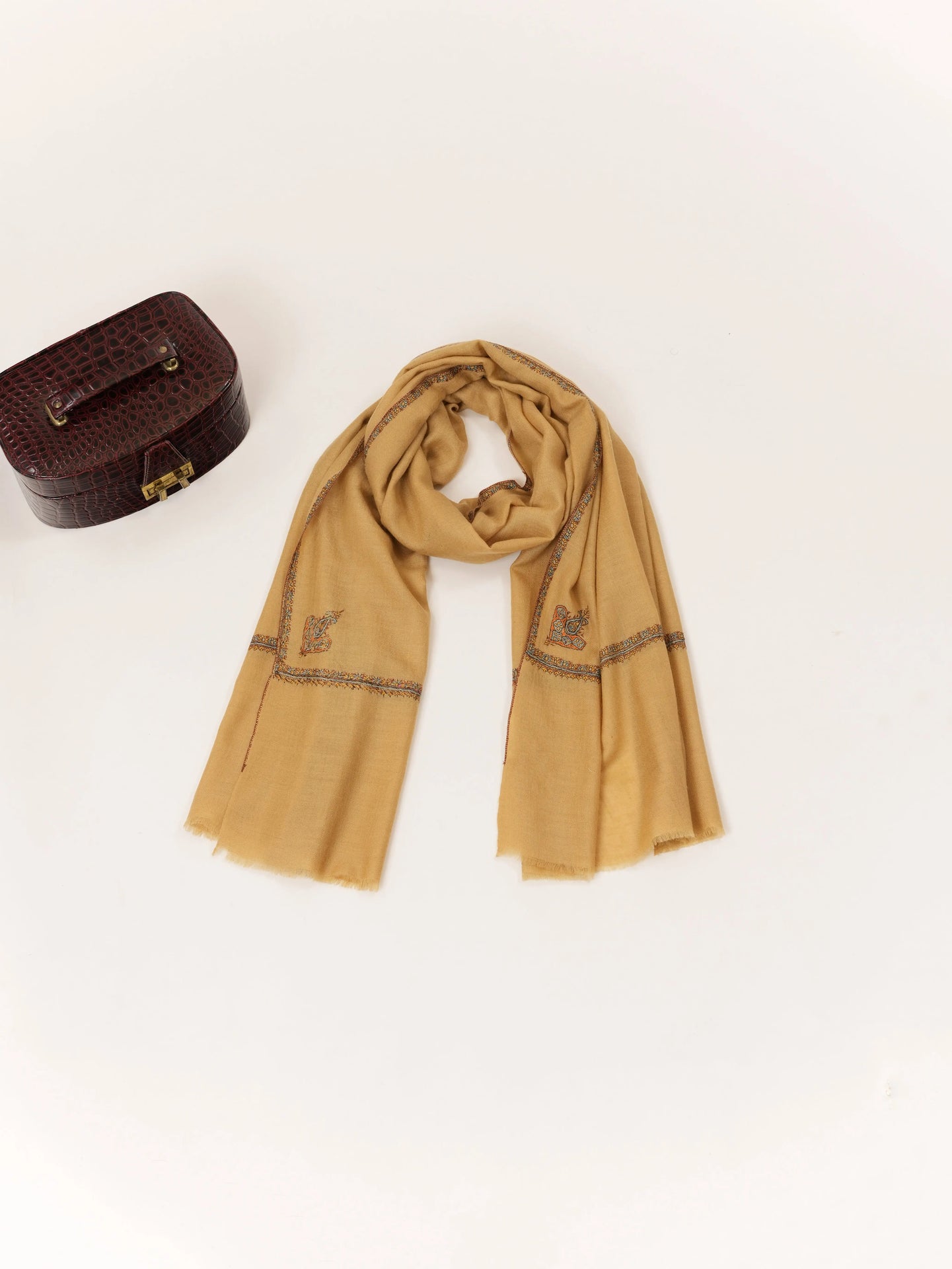 Handwoven Kashmiri Pure Cashmere Scarf with Haushidar Sozni Handwork Shahkaar.com