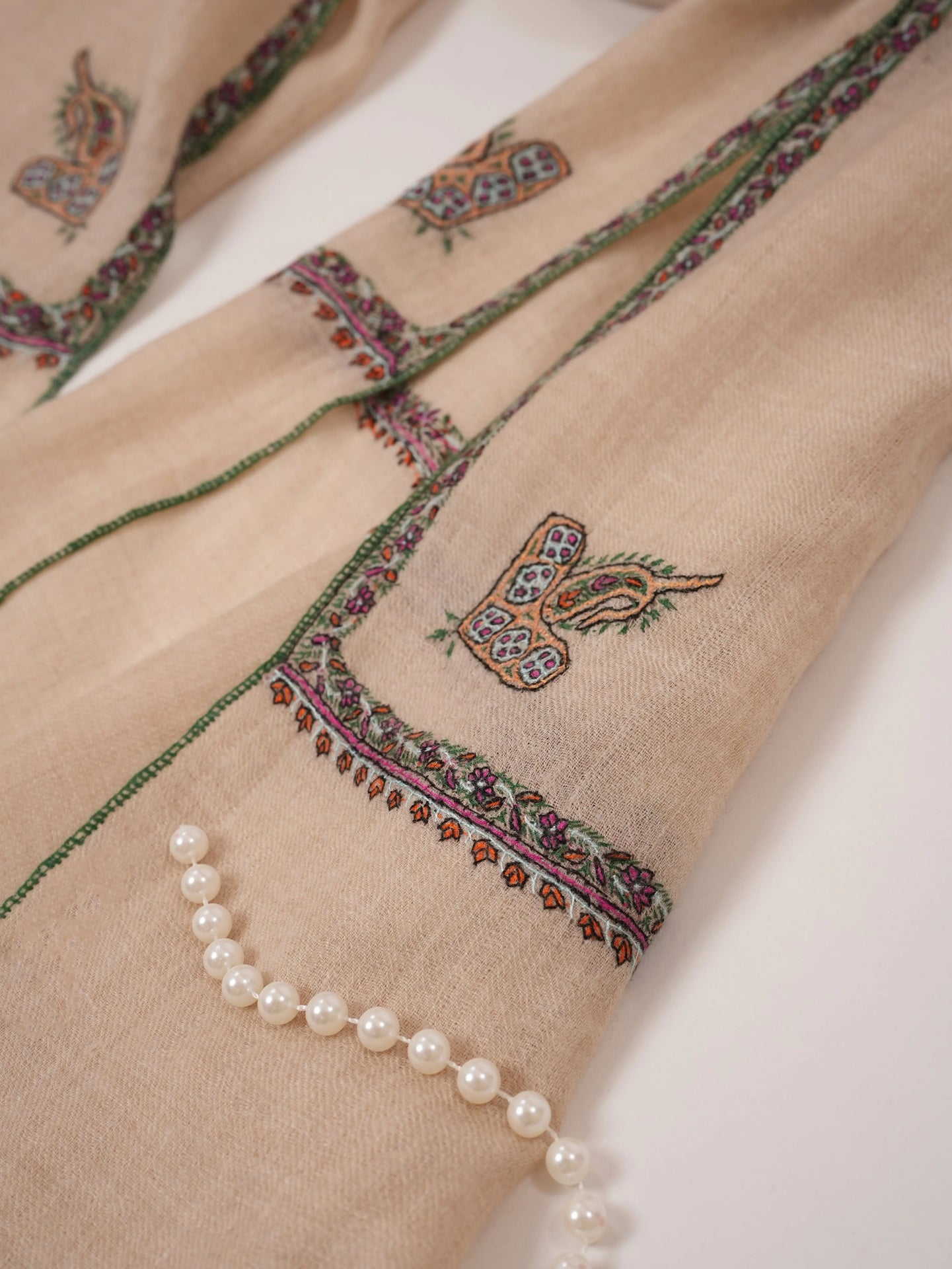 Natural Off-White Handloomed Baby Soft Embroidered Cashmere Scarf Shahkaar.com