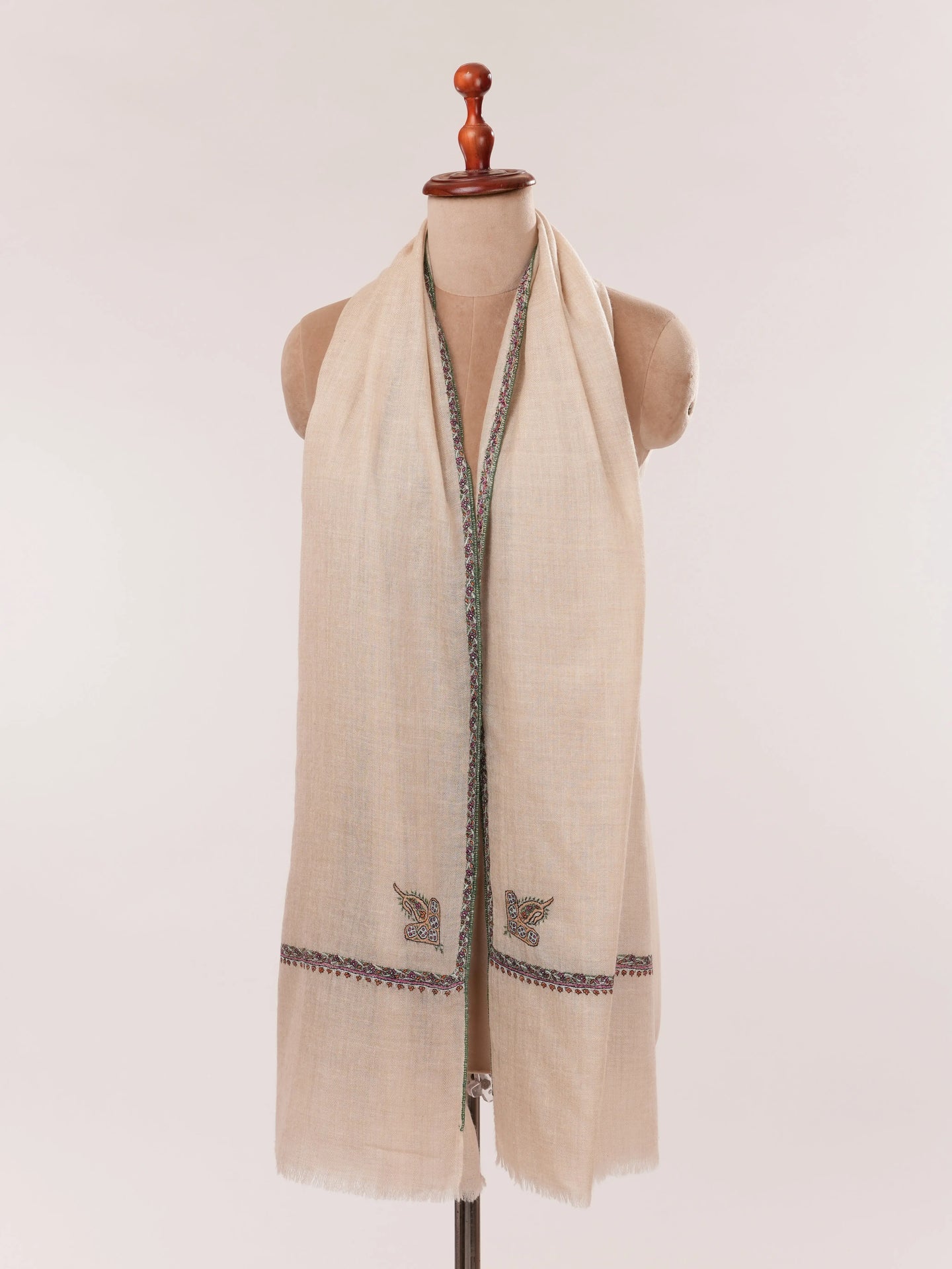 Natural Off-White Handloomed Baby Soft Embroidered Cashmere Scarf Shahkaar.com