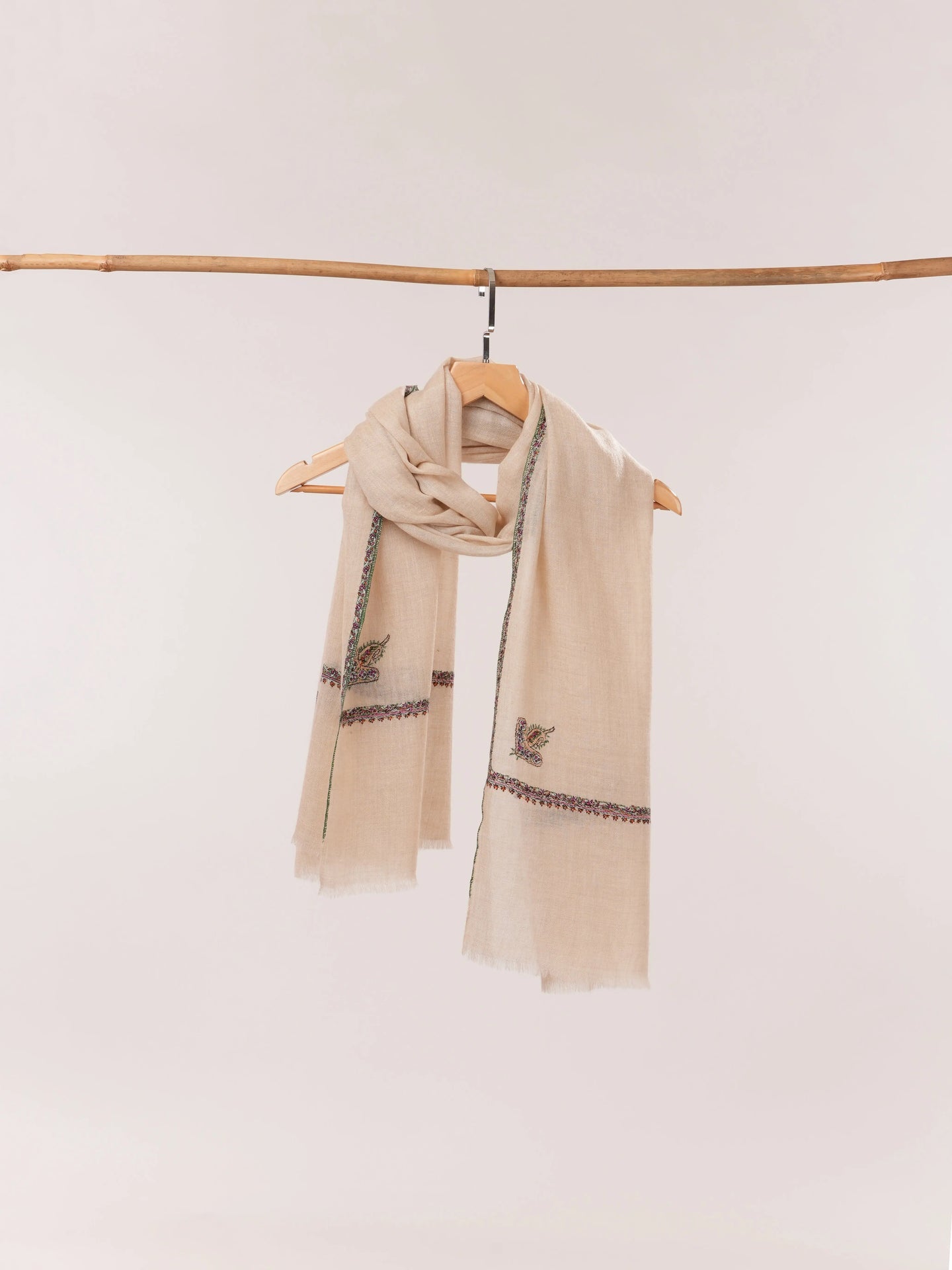 Natural Off-White Handloomed Baby Soft Embroidered Cashmere Scarf Shahkaar.com