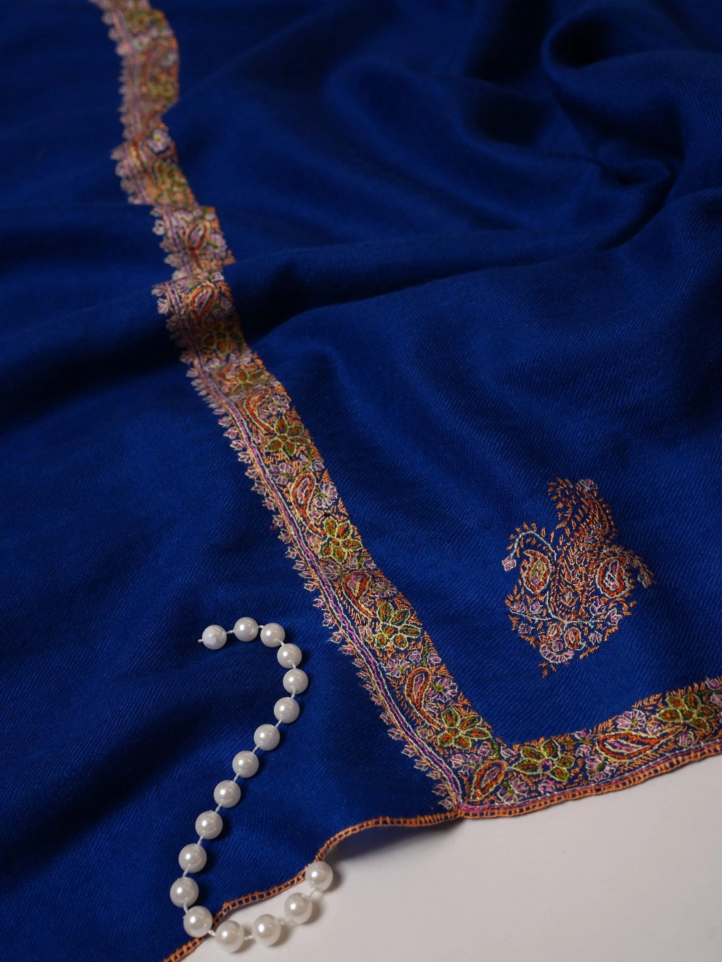 Royal Blue Cashmere Scarf with Classic Hashia Hand Embroidery Shahkaar.com