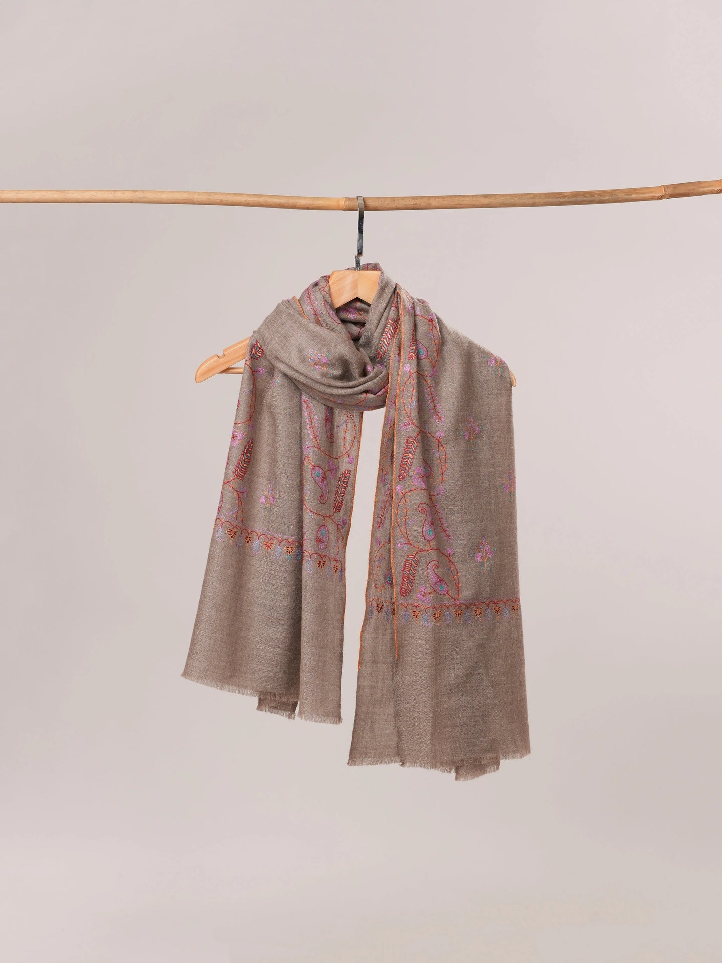 Natural Grey Cashmere Scarf with All Over Hand Embroidery Shahkaar.com