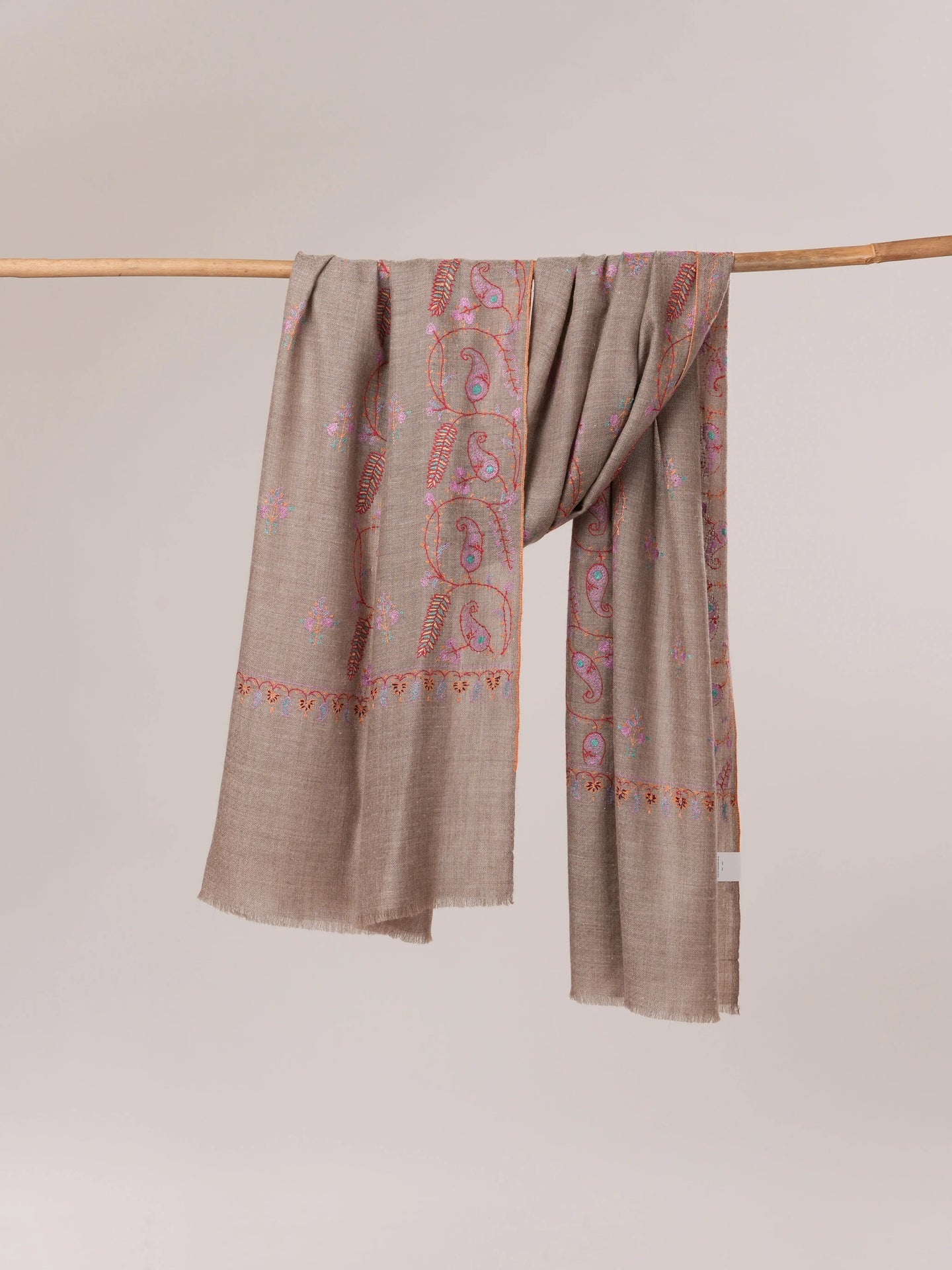 Natural Grey Cashmere Scarf with All Over Hand Embroidery Shahkaar.com