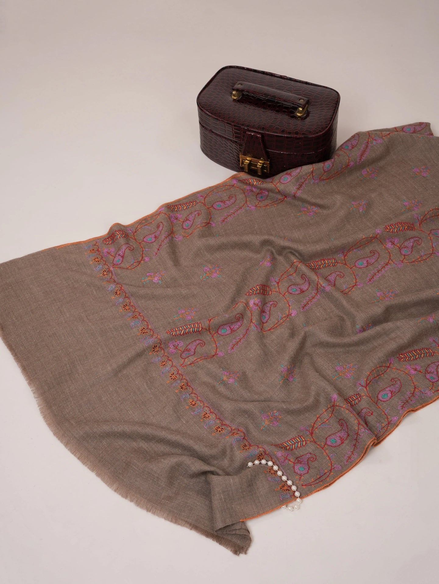 Natural Grey Cashmere Scarf with All Over Hand Embroidery Shahkaar.com