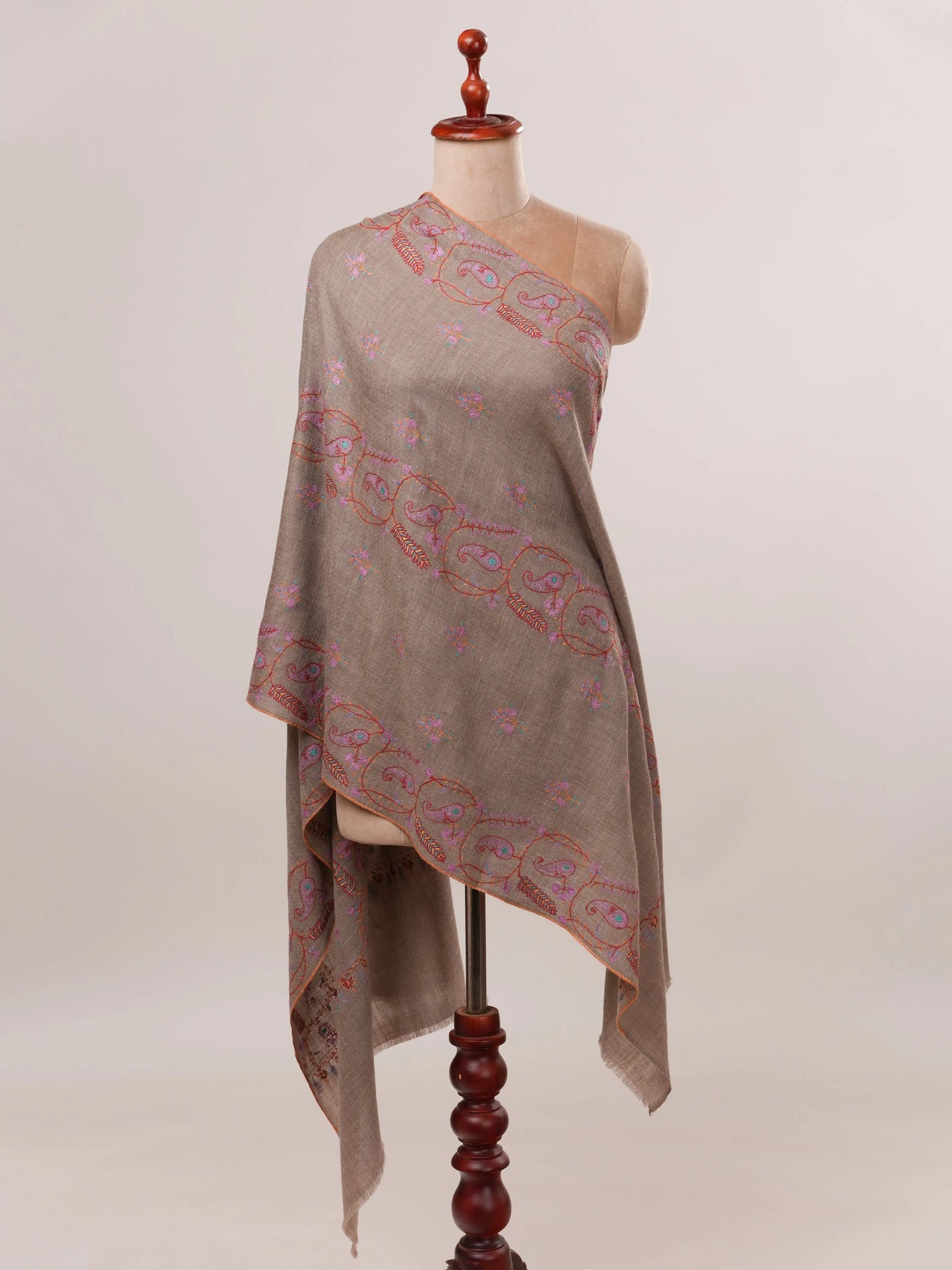 Natural Grey Cashmere Scarf with All Over Hand Embroidery Shahkaar.com