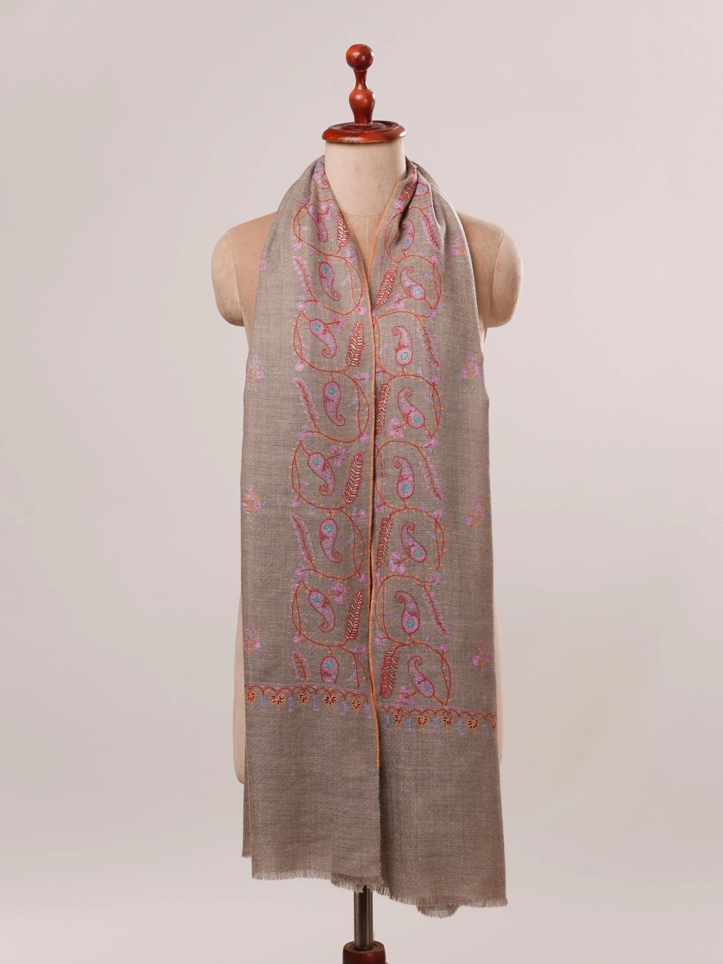 Natural Grey Cashmere Scarf with All Over Hand Embroidery Shahkaar.com