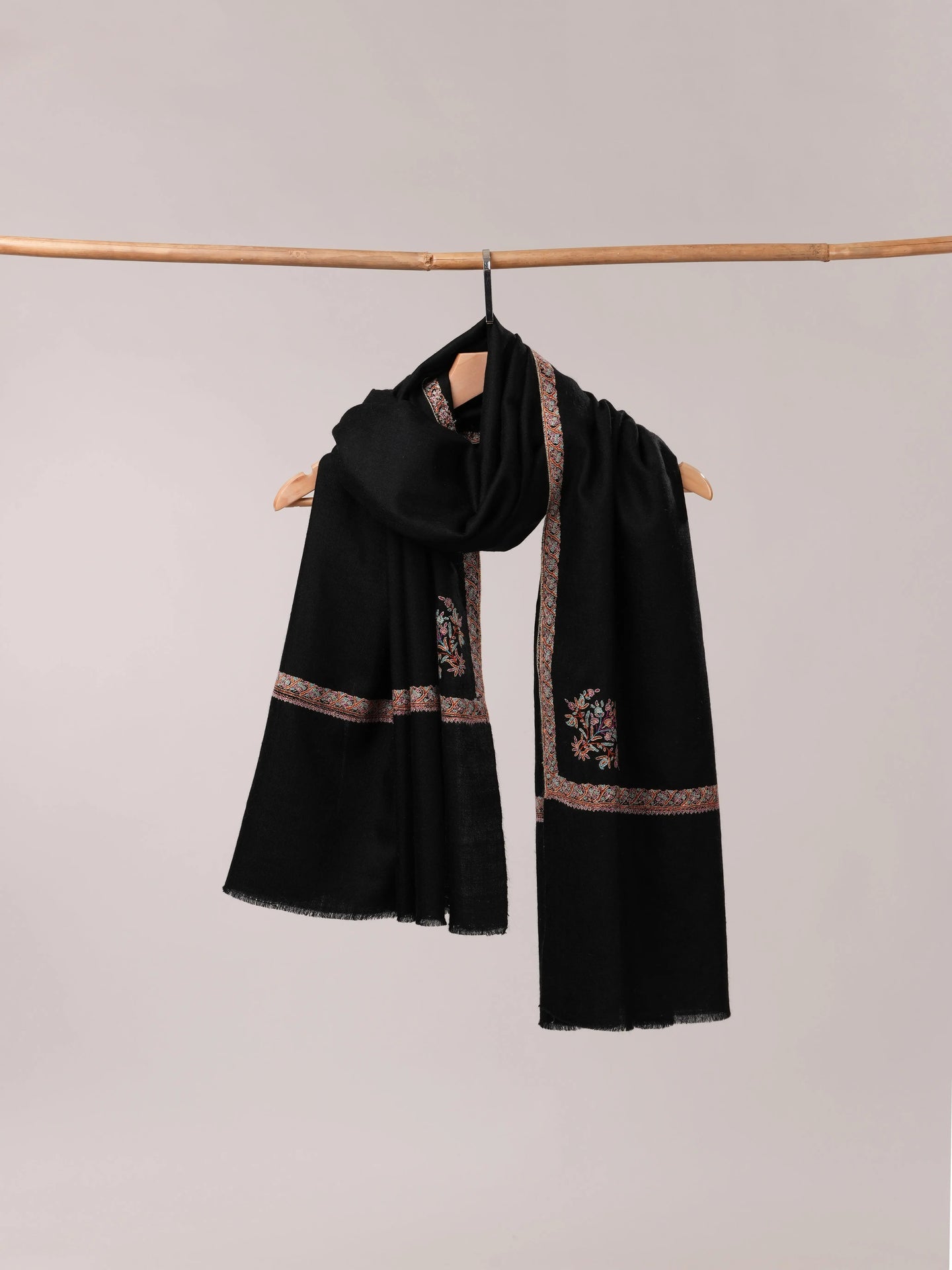 Black Classic Hashia Hand Embroidered Pashmina Shawl Shahkaar.com