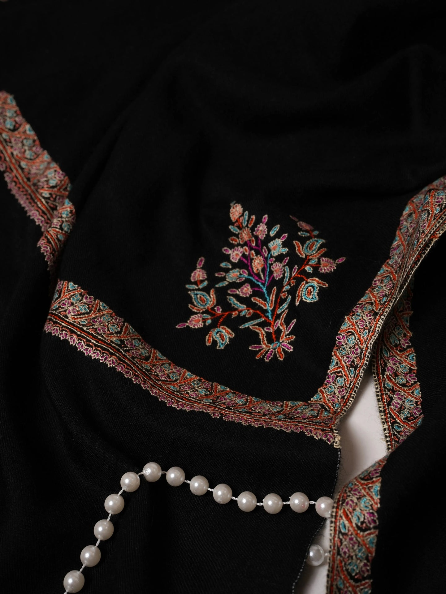 Black Classic Hashia Hand Embroidered Pashmina Shawl Shahkaar.com