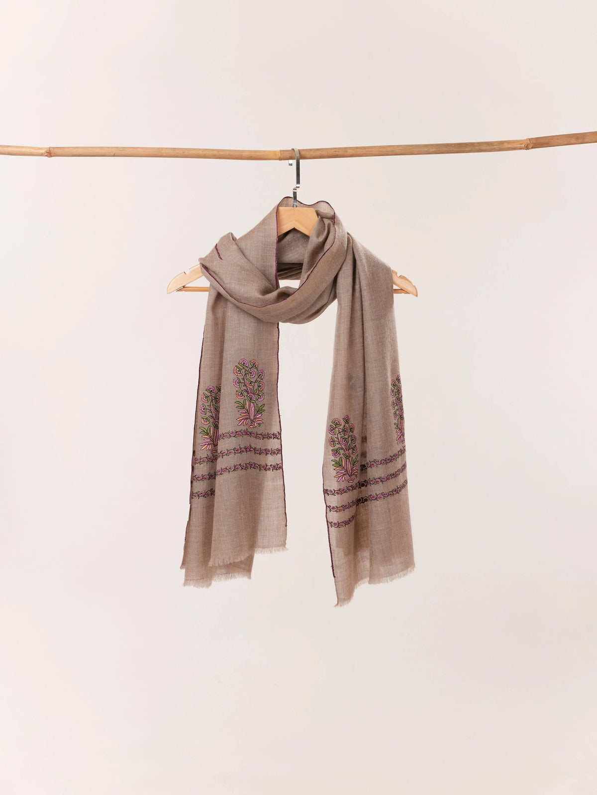 Palldar Sozni Embroidery Natural Taupe Handwoven Scarf in Cashmere from Kashmir Shahkaar.com