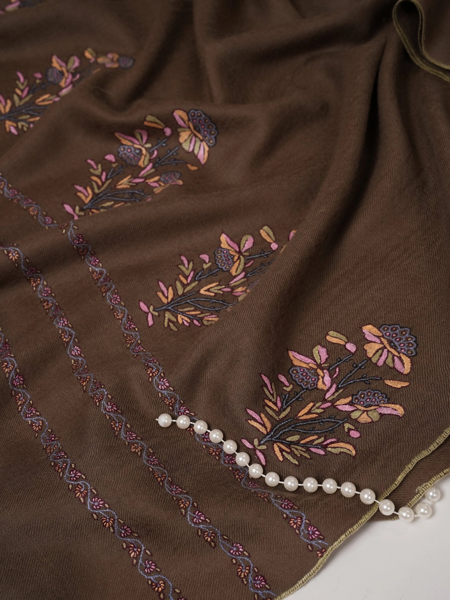 Mughal Motif Hand Embroidered Authentic Cashmere Scarf Shahkaar.com