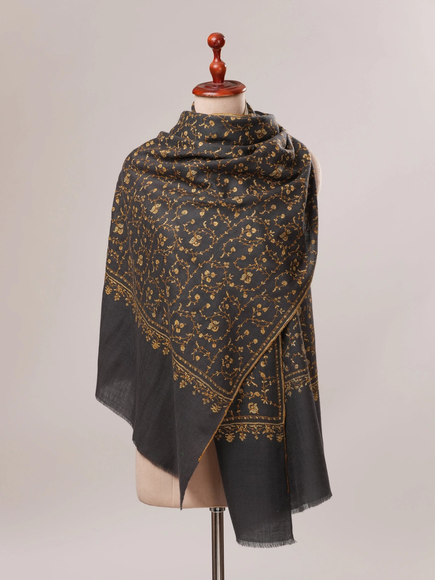 Grey Cashmere Scarf with Jali Hand Embroidery Shahkaar.com