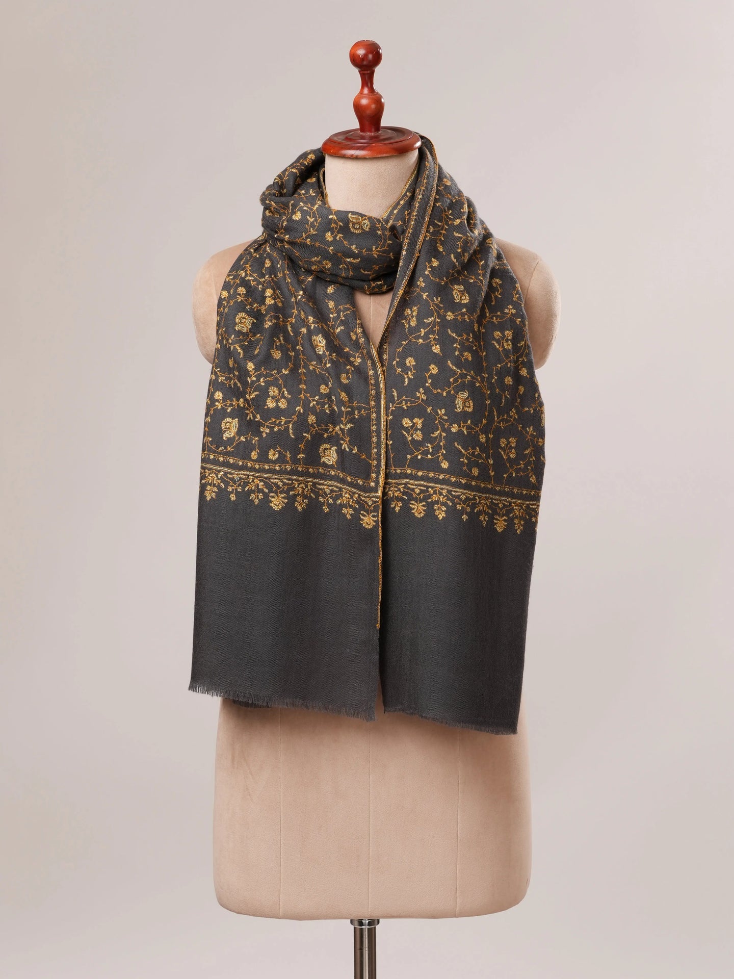 Grey Cashmere Scarf with Jali Hand Embroidery Shahkaar.com