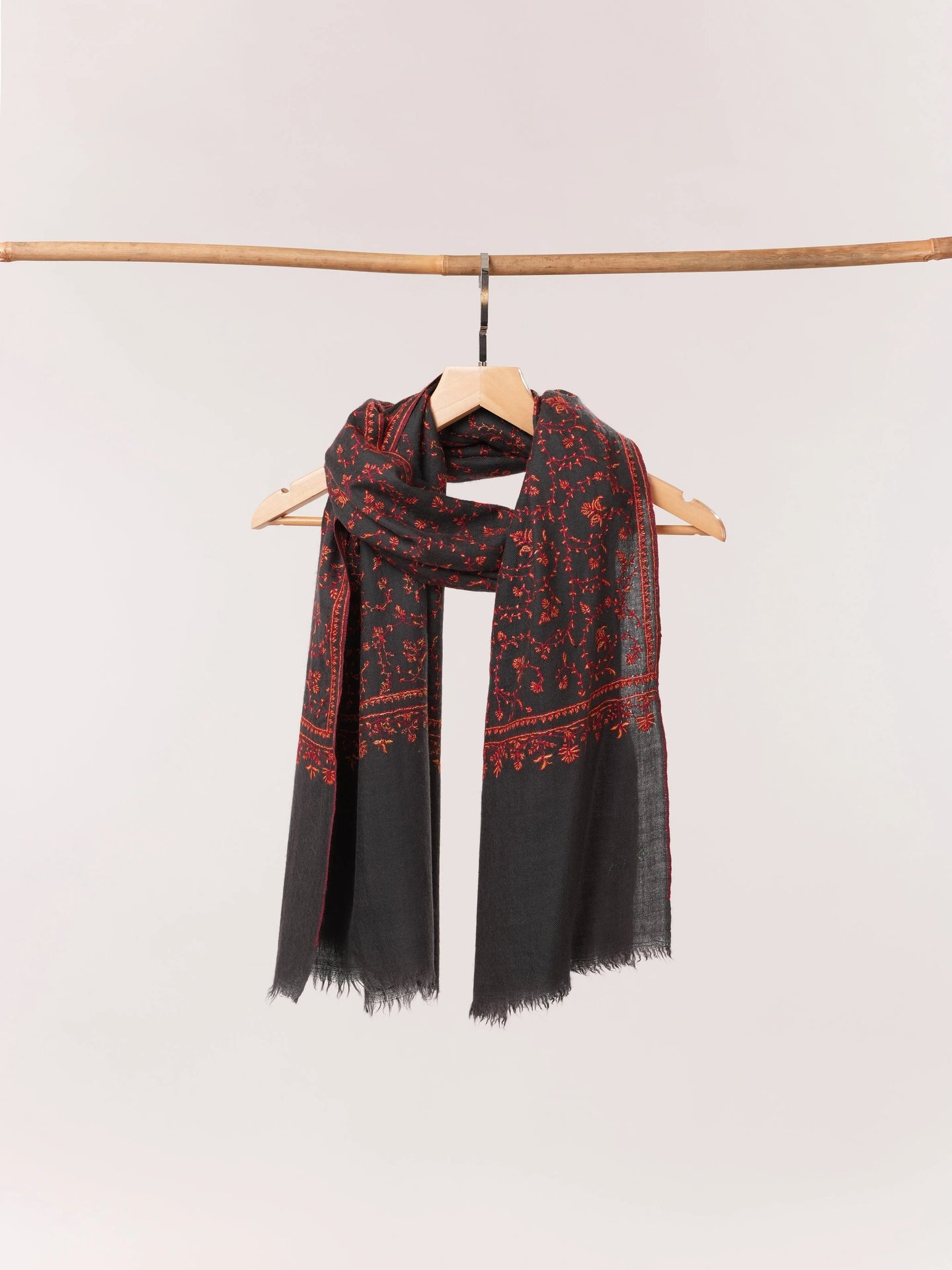 Dark Grey Featherlight Cashmere Scarf with Jali Hand Embroidery Shahkaar.com