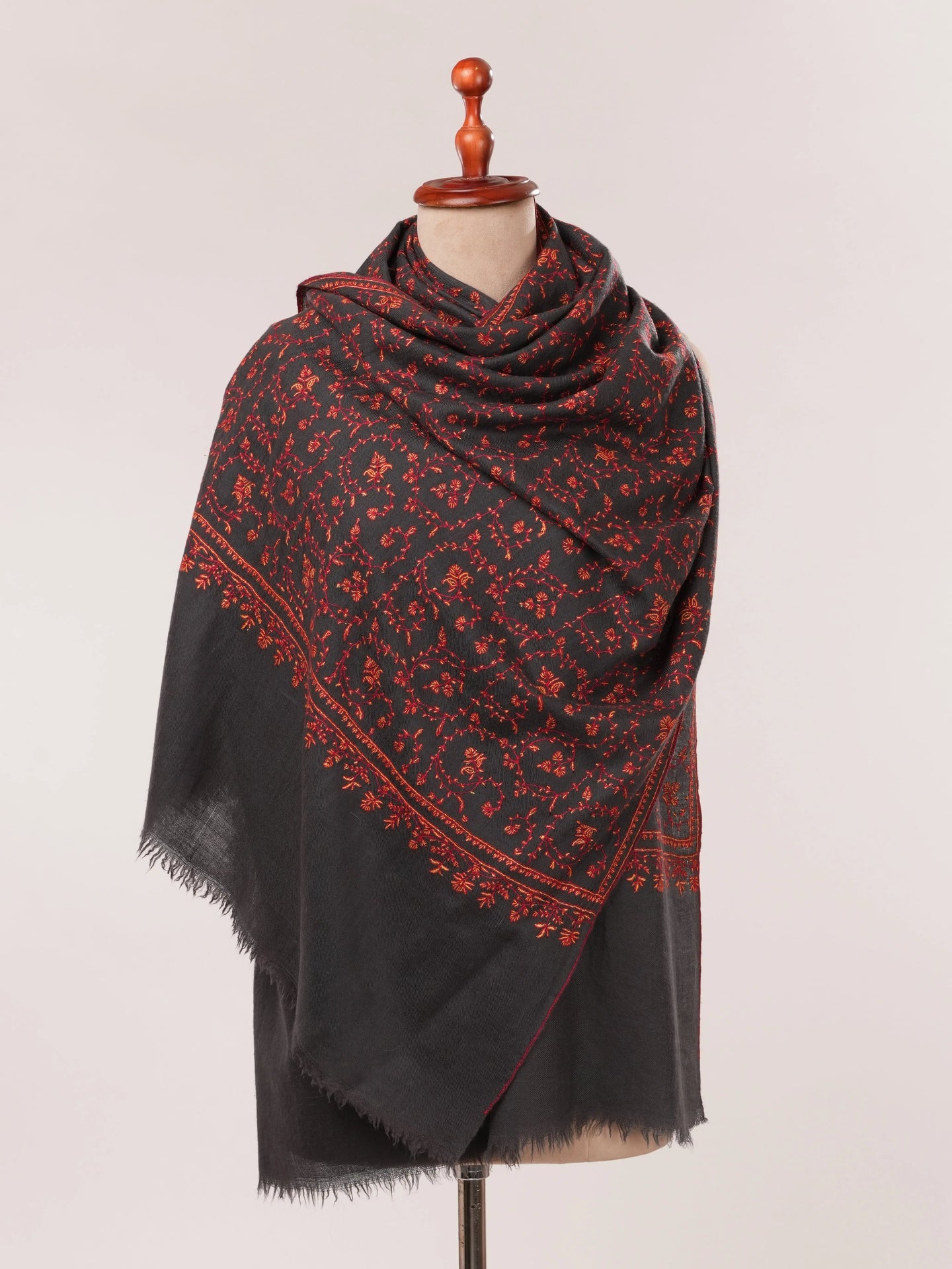 Dark Grey Featherlight Cashmere Scarf with Jali Hand Embroidery Shahkaar.com