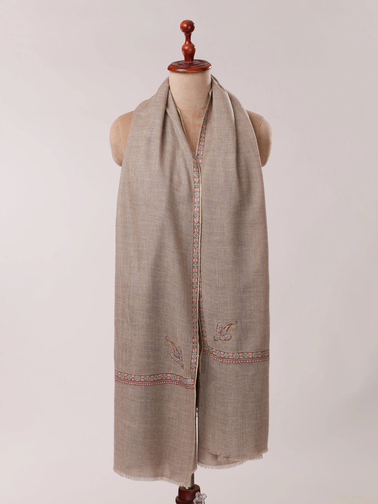 Natural Grey Authentic Pashmina Shawl with Classic Hashia Hand Embroidery Shahkaar.com