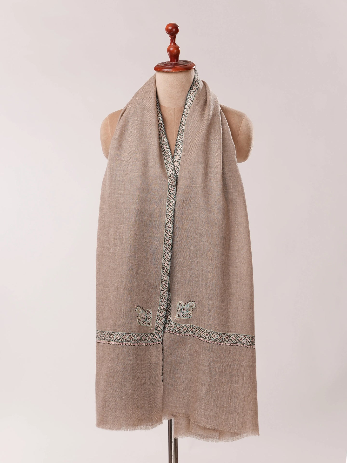 Natural Grey Pashmina Shawl with Hashia Hand Sozni Embroidery Shahkaar.com
