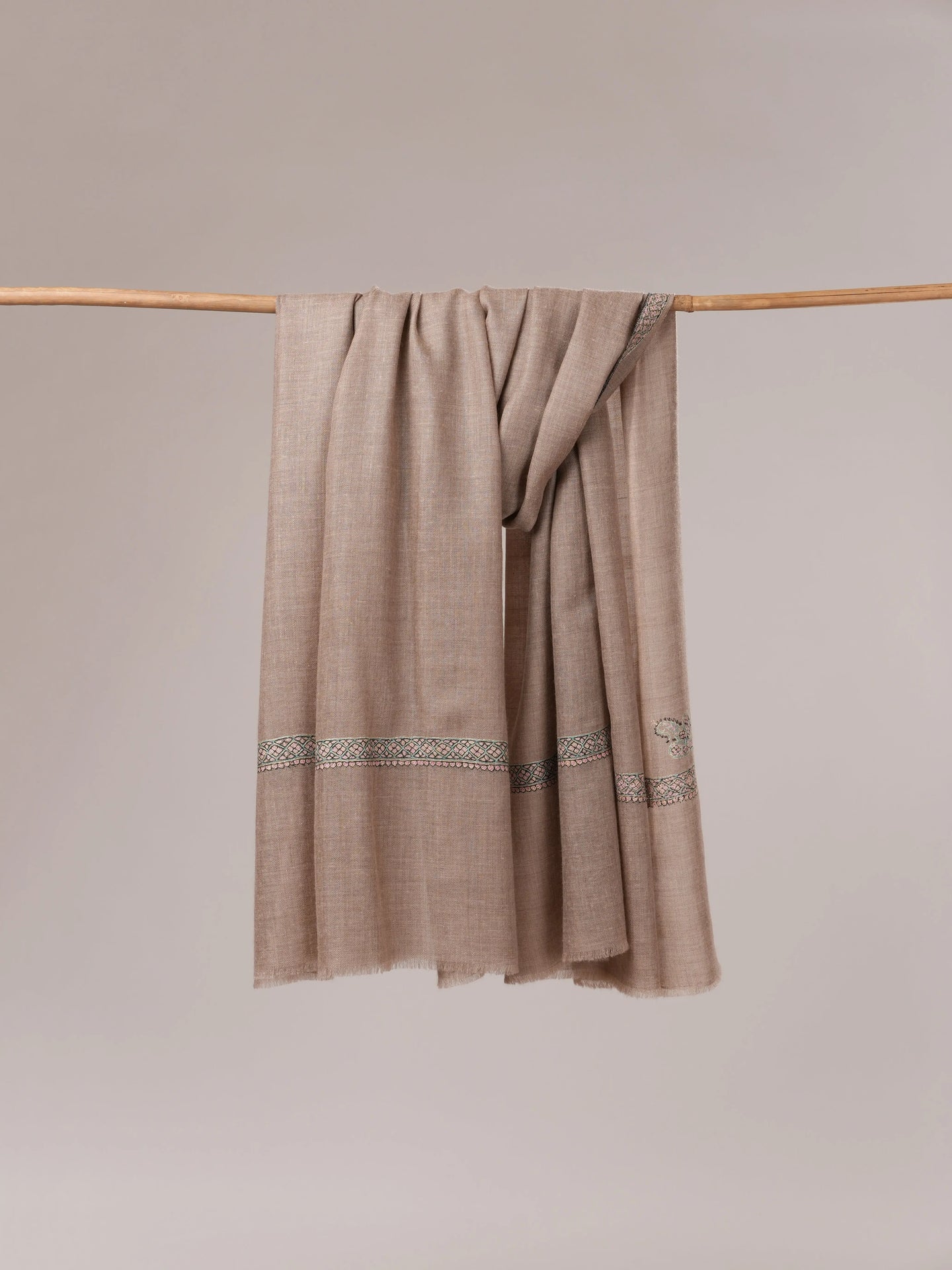 Natural Grey Pashmina Shawl with Hashia Hand Sozni Embroidery Shahkaar.com