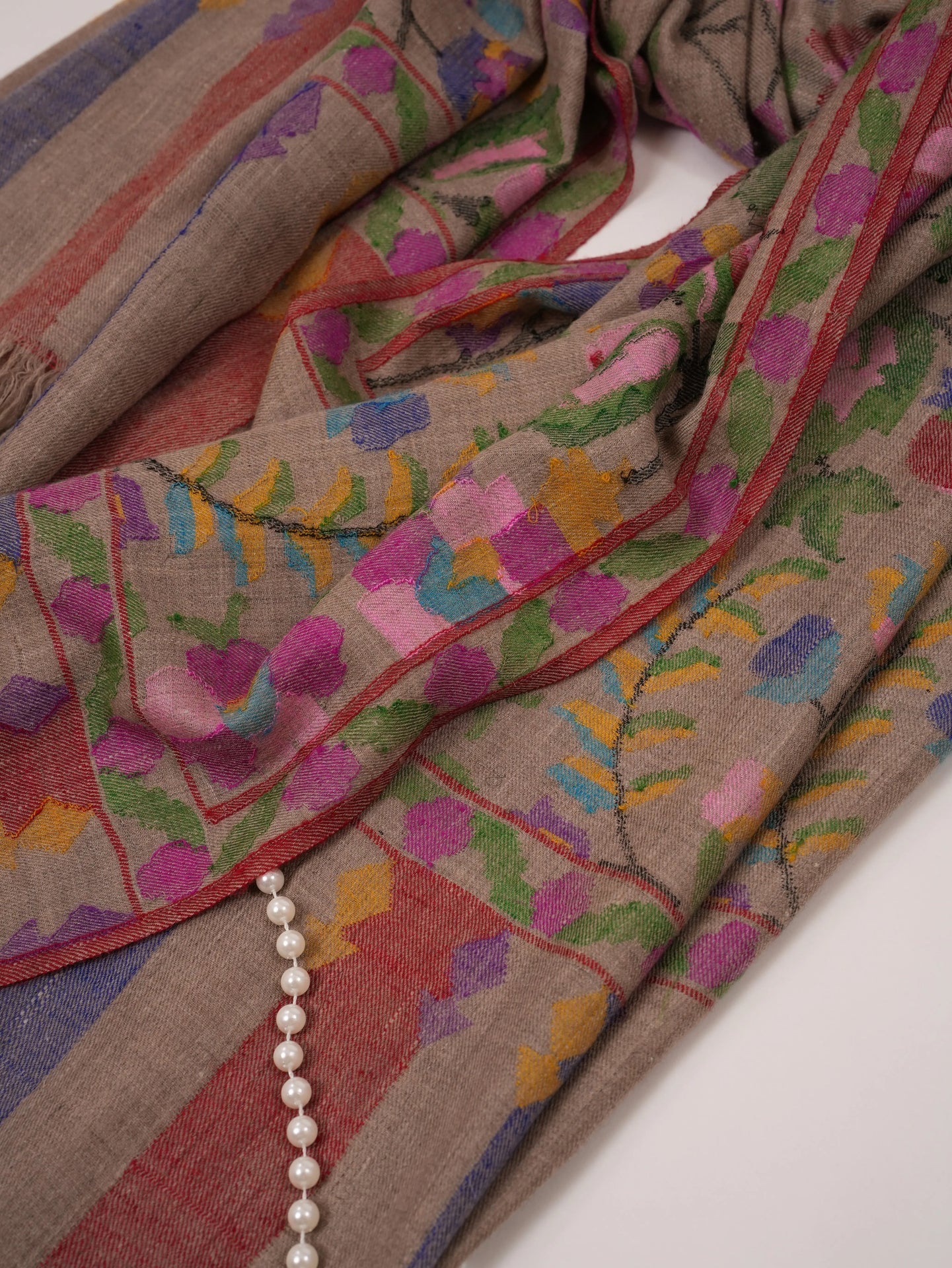 Natural Taupe Pure Kani Floral Pashmina Shawl Shahkaar.com
